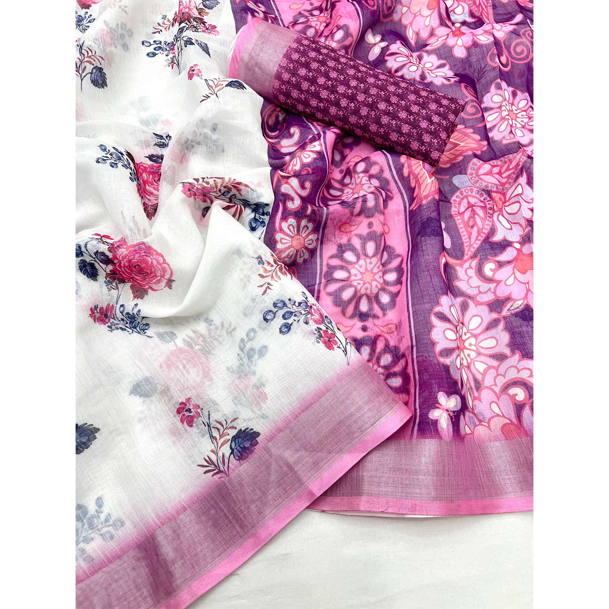 White & Pink Floral Digital Printed Linen Saree With Zari Border
