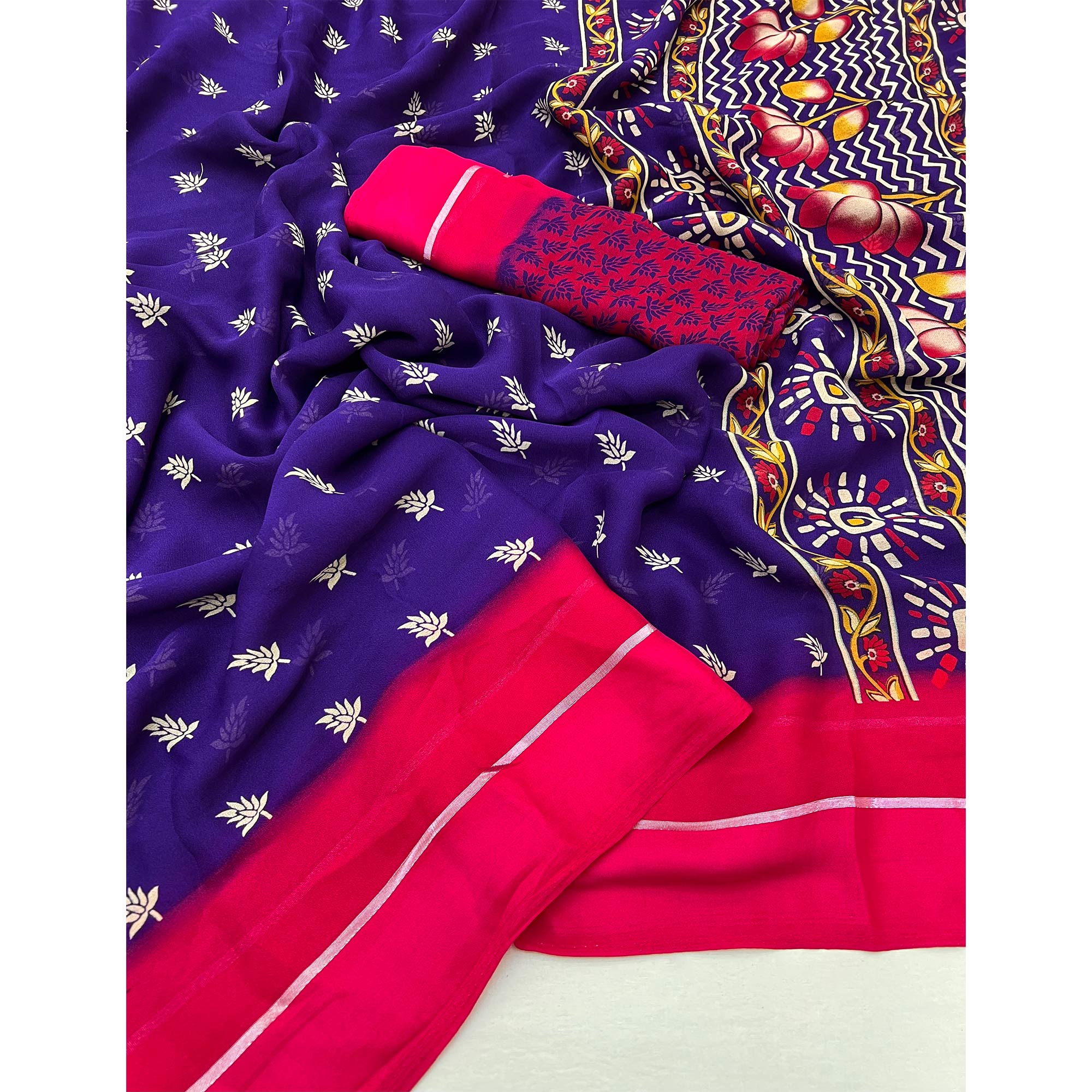 Violet Floral Printed Georgette Saree With Zari Border