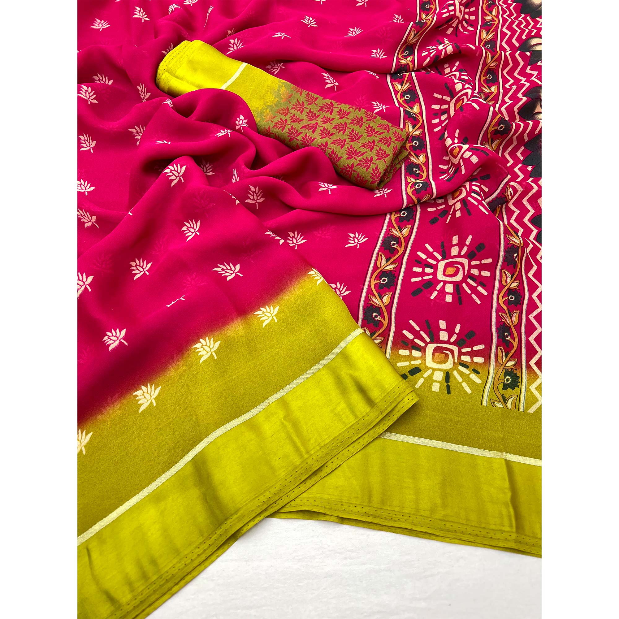 Pink Floral Printed Georgette Saree With Zari Border