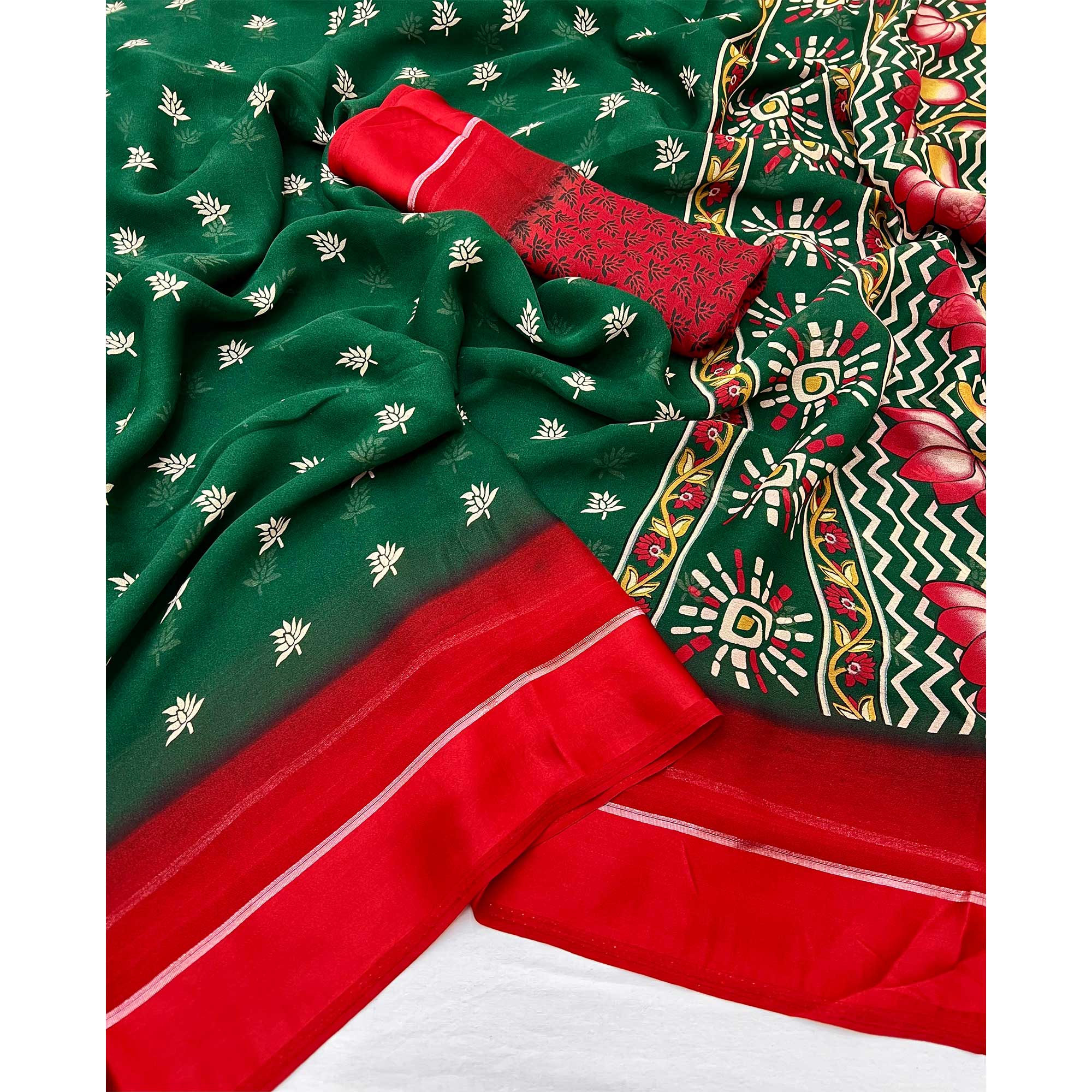Green Floral Printed Georgette Saree With Zari Border