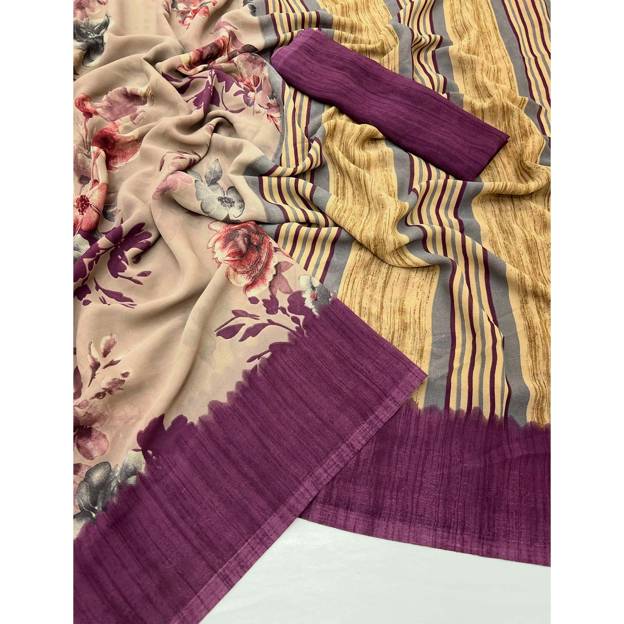 Light Brown & Wine Floral Printed Georgette Saree