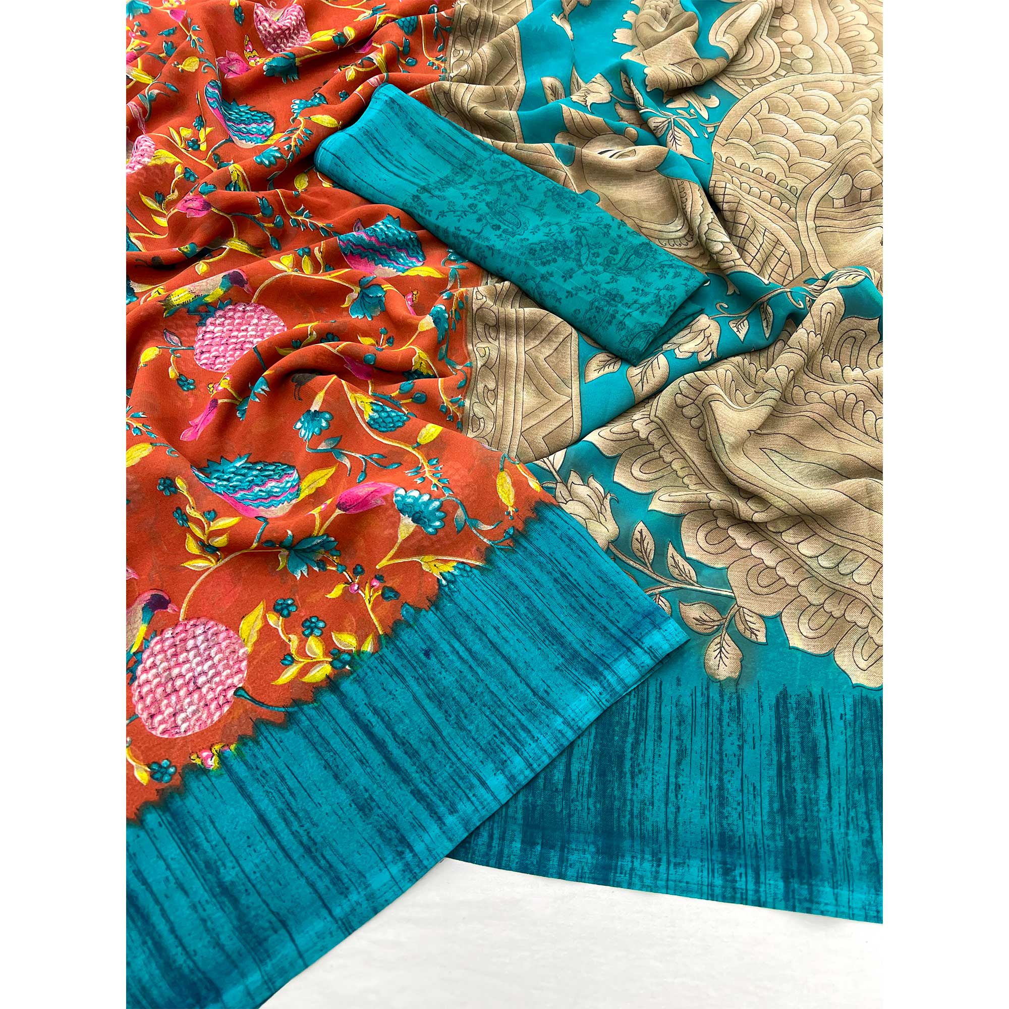 Orange Floral Printed Georgette Saree