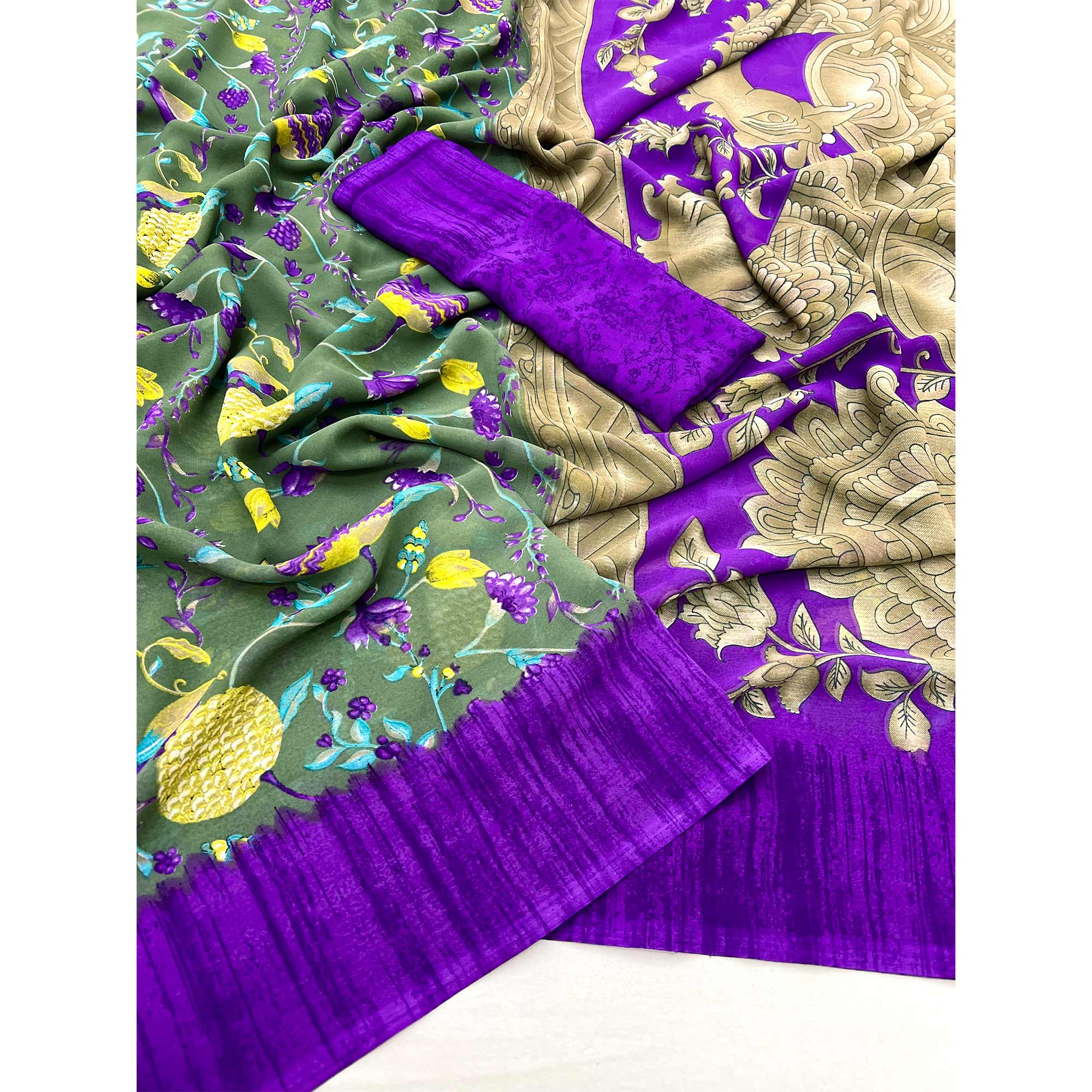 Green Floral Printed Georgette Saree