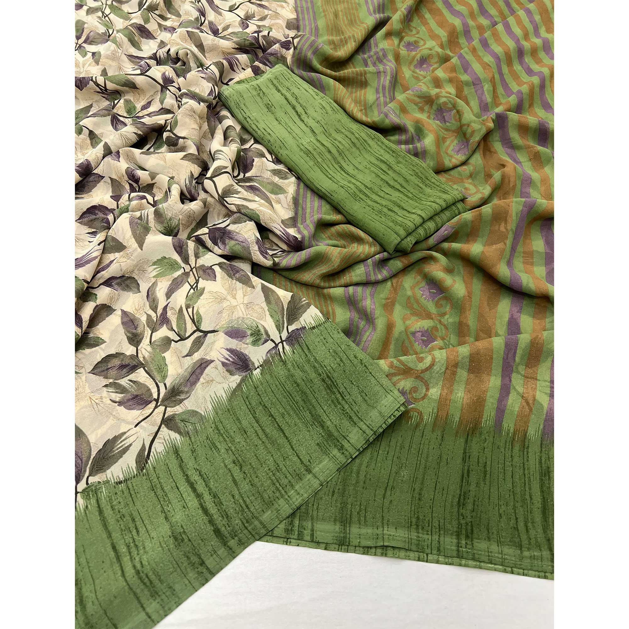Beige & Green Floral Printed Georgette Saree