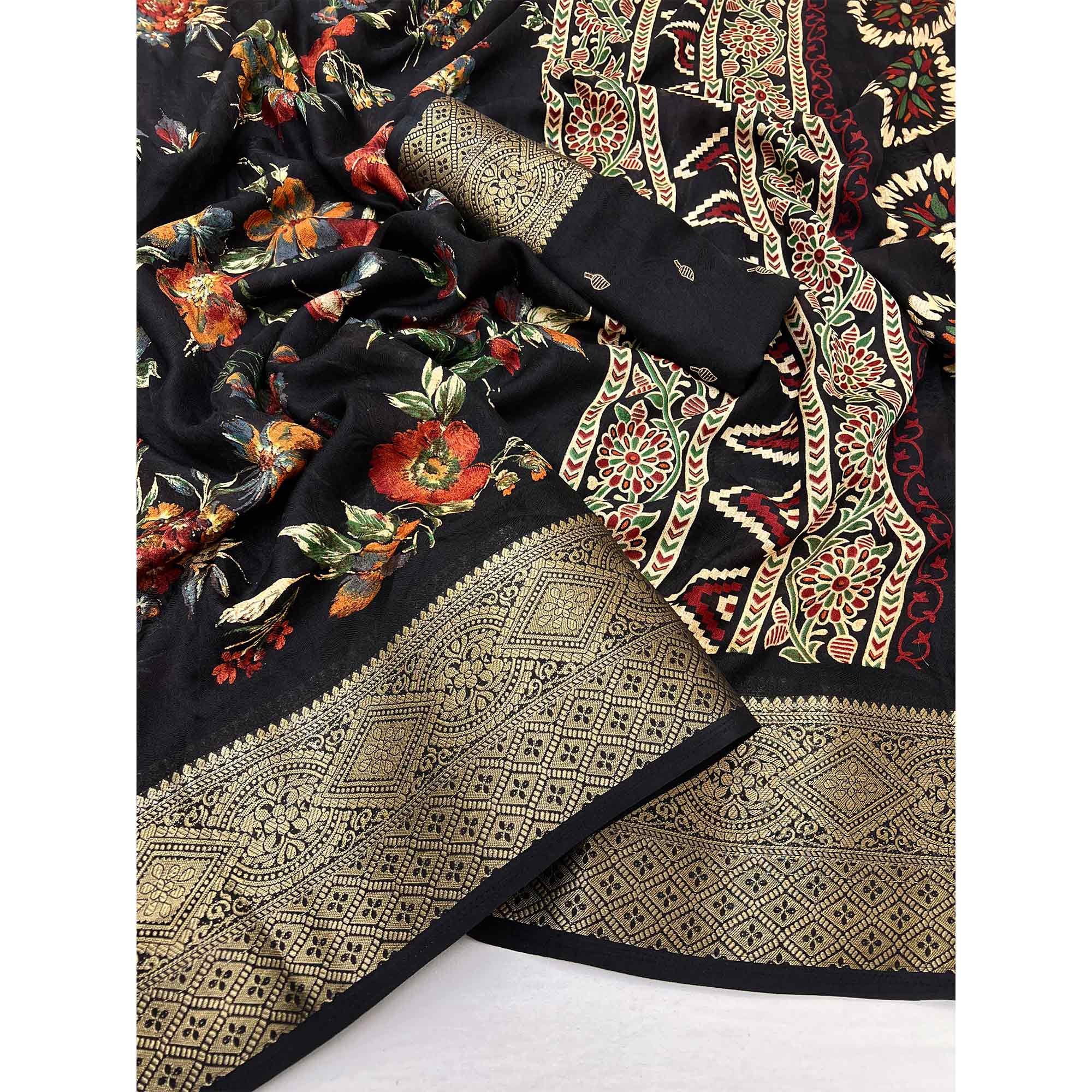 Black Floral Printed Dola Silk Saree With Zari Border