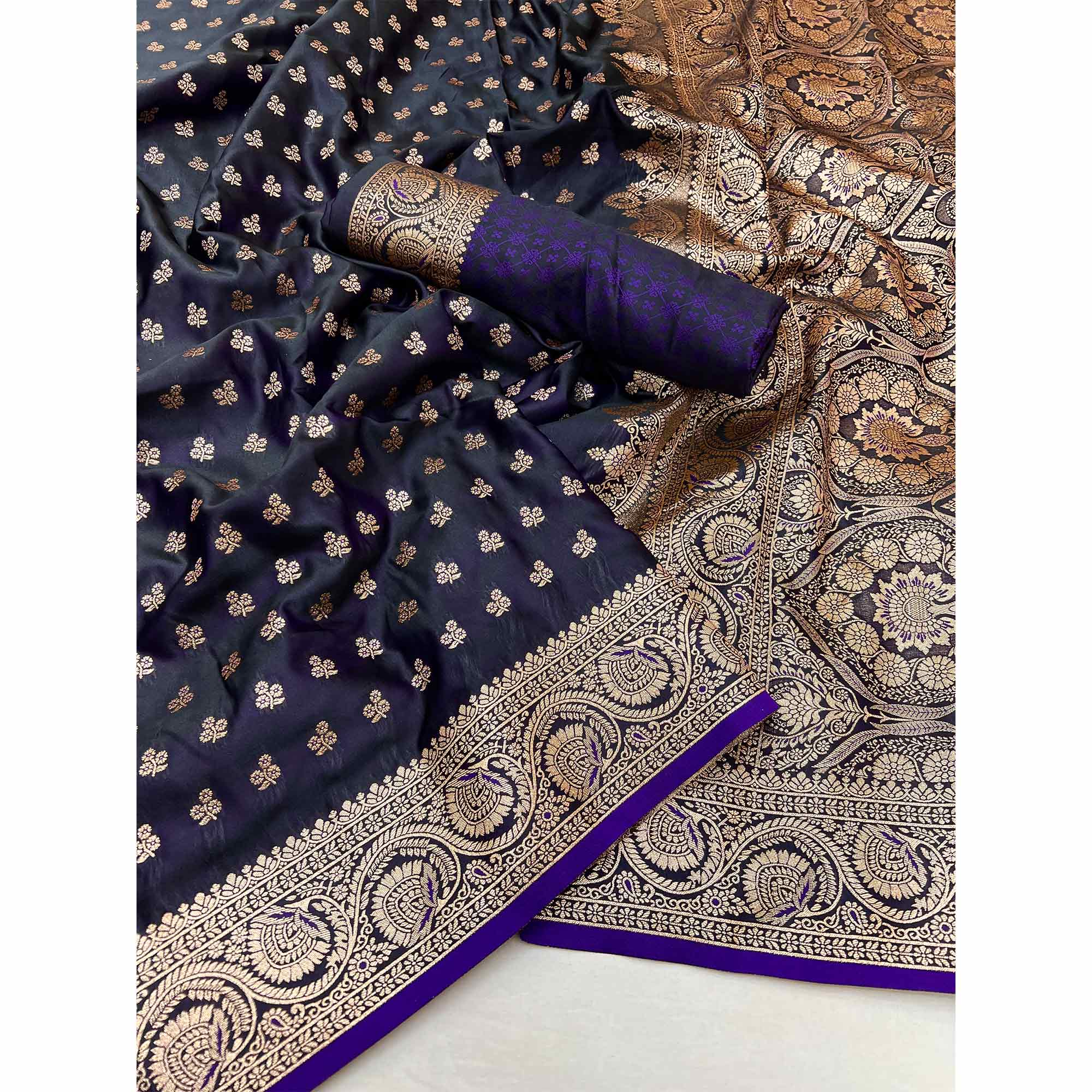 Blue Floral Woven Satin Silk Saree With Zari Border