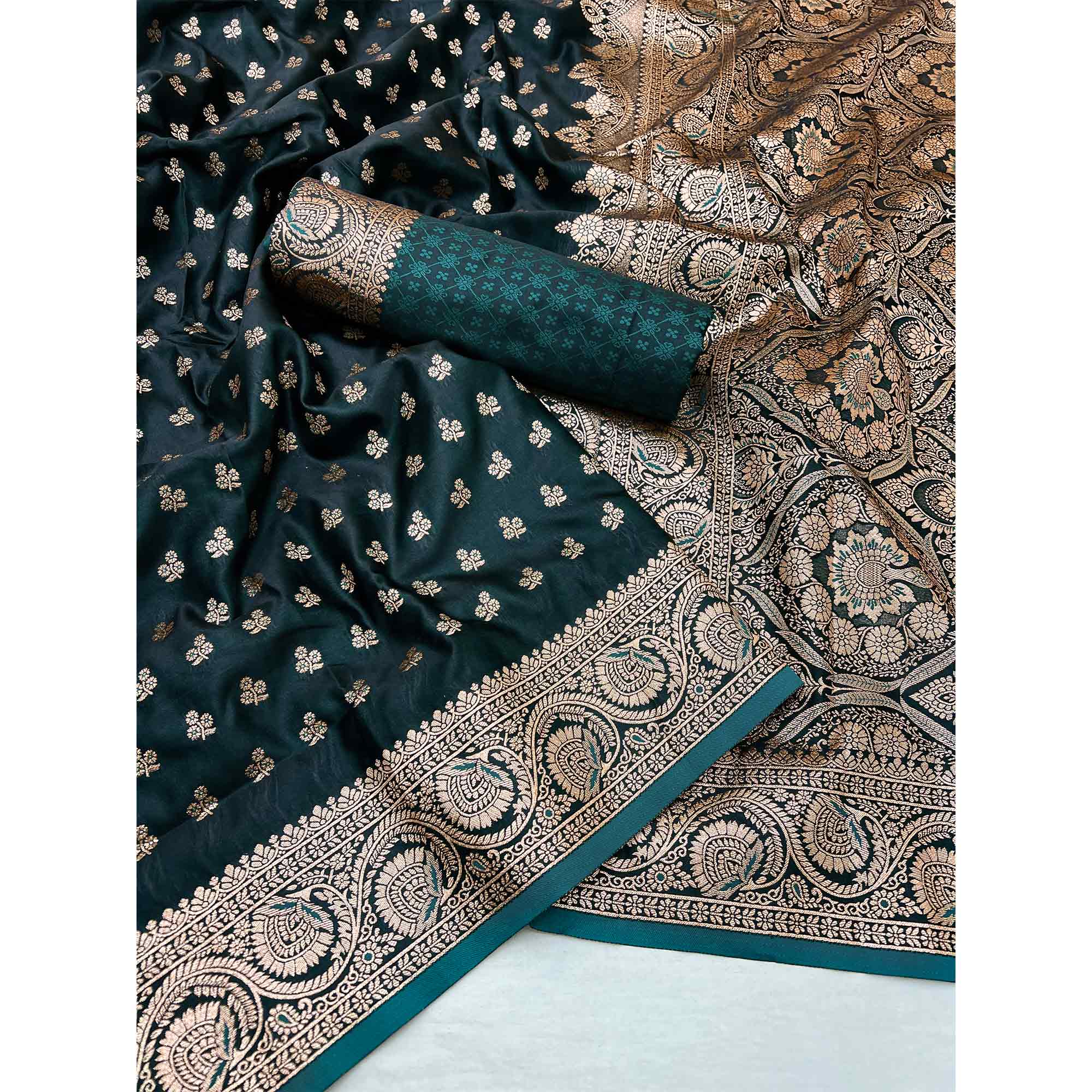 Morpich Green Floral Woven Satin Silk Saree With Zari Border
