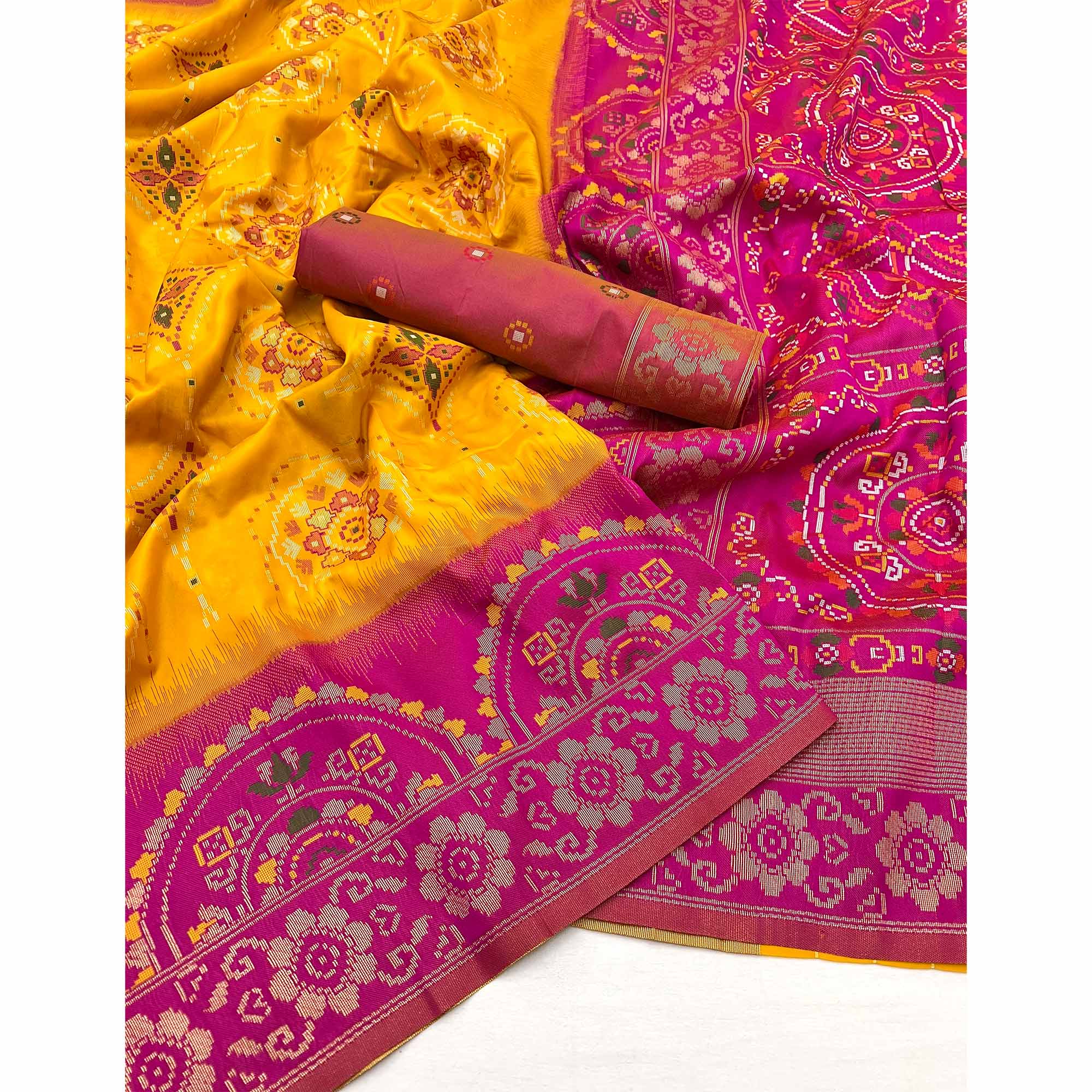 Mustard & Pink Floral Woven Pure Silk Saree