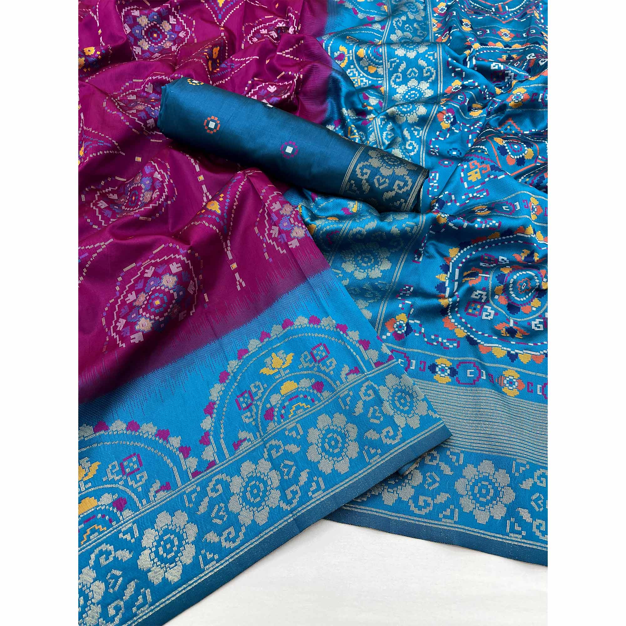 Purple & Blue Floral Woven Pure Silk Saree