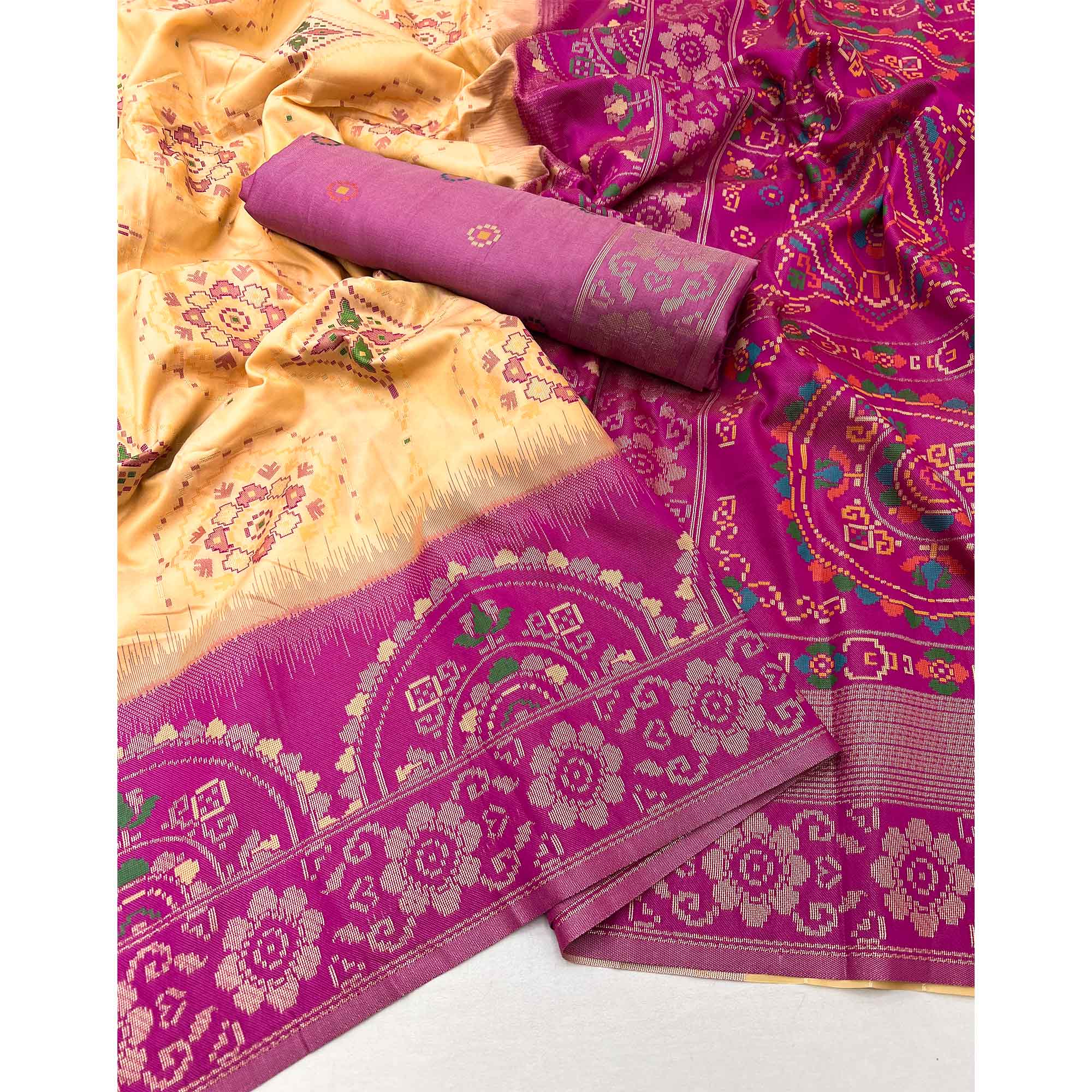 Cream & Pink Floral Woven Pure Silk Saree