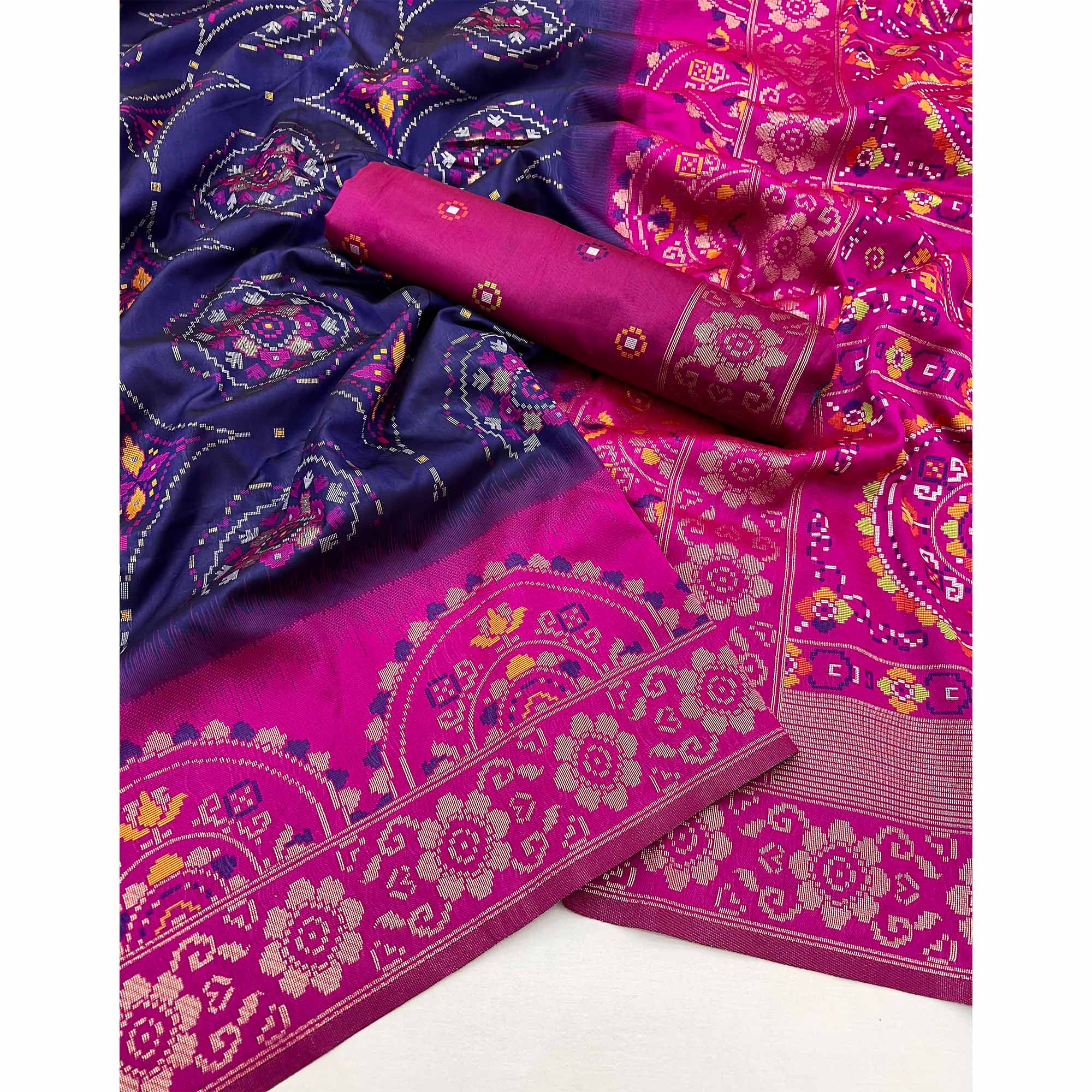 Navy Blue & Pink Floral Woven Pure Silk Saree