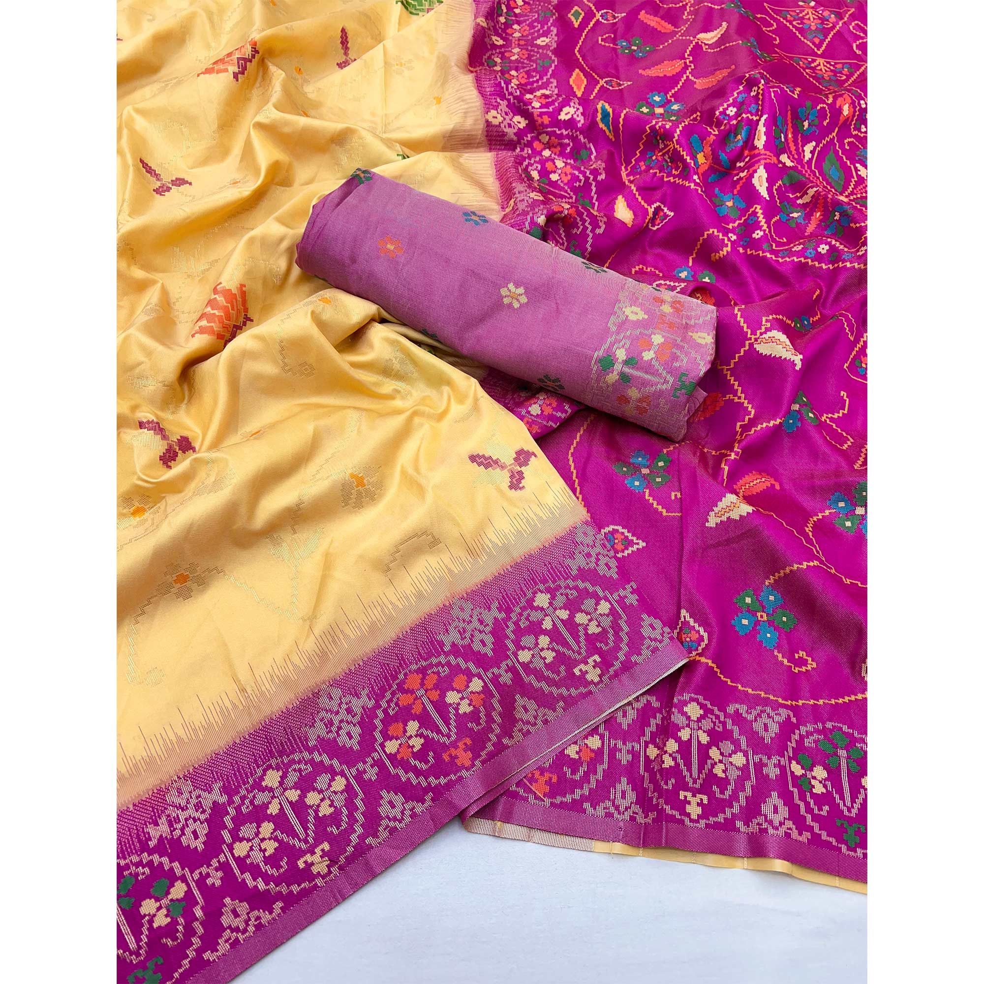 Light Yellow & Pink Floral Woven Pure Silk Saree