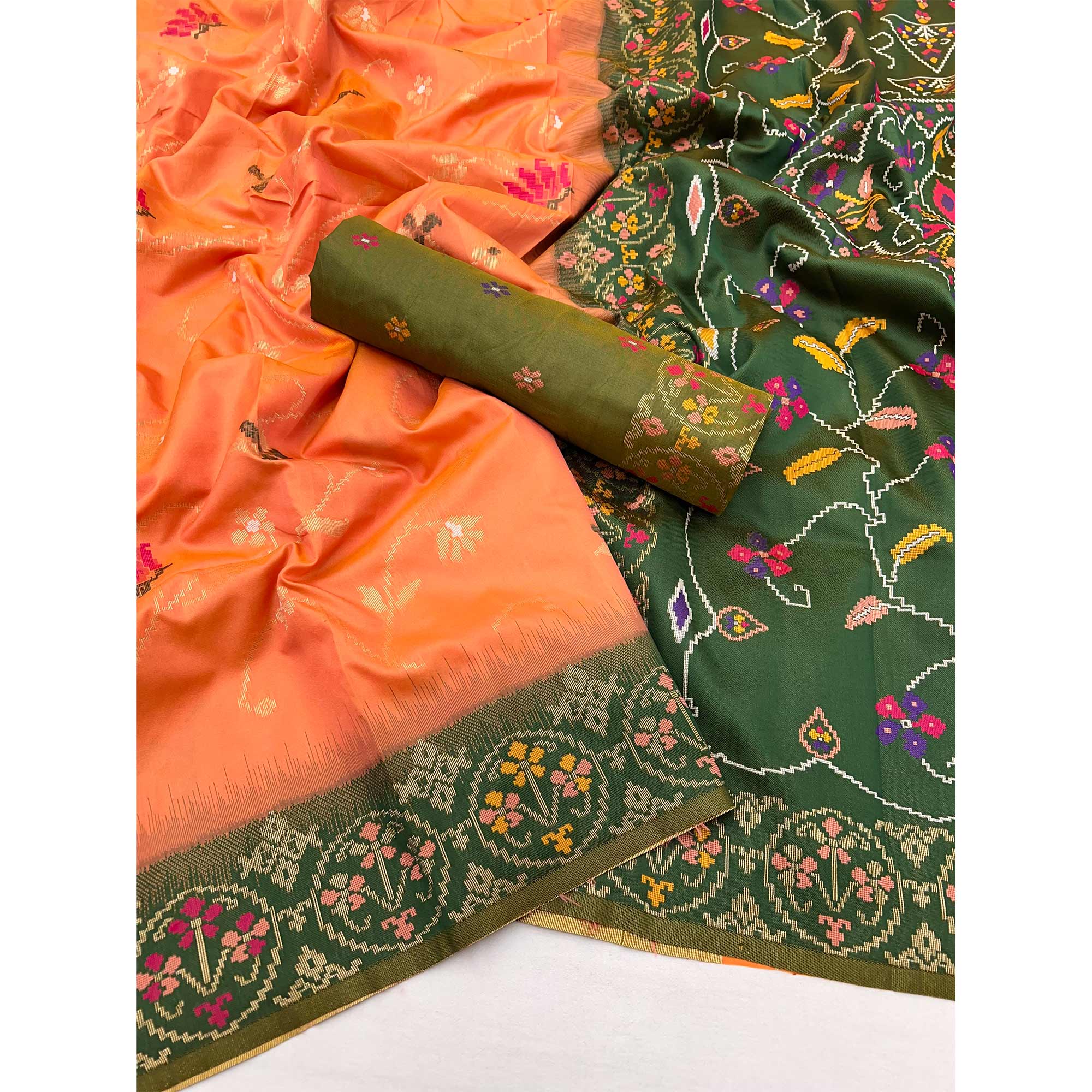 Orange & Green Floral Woven Pure Silk Saree