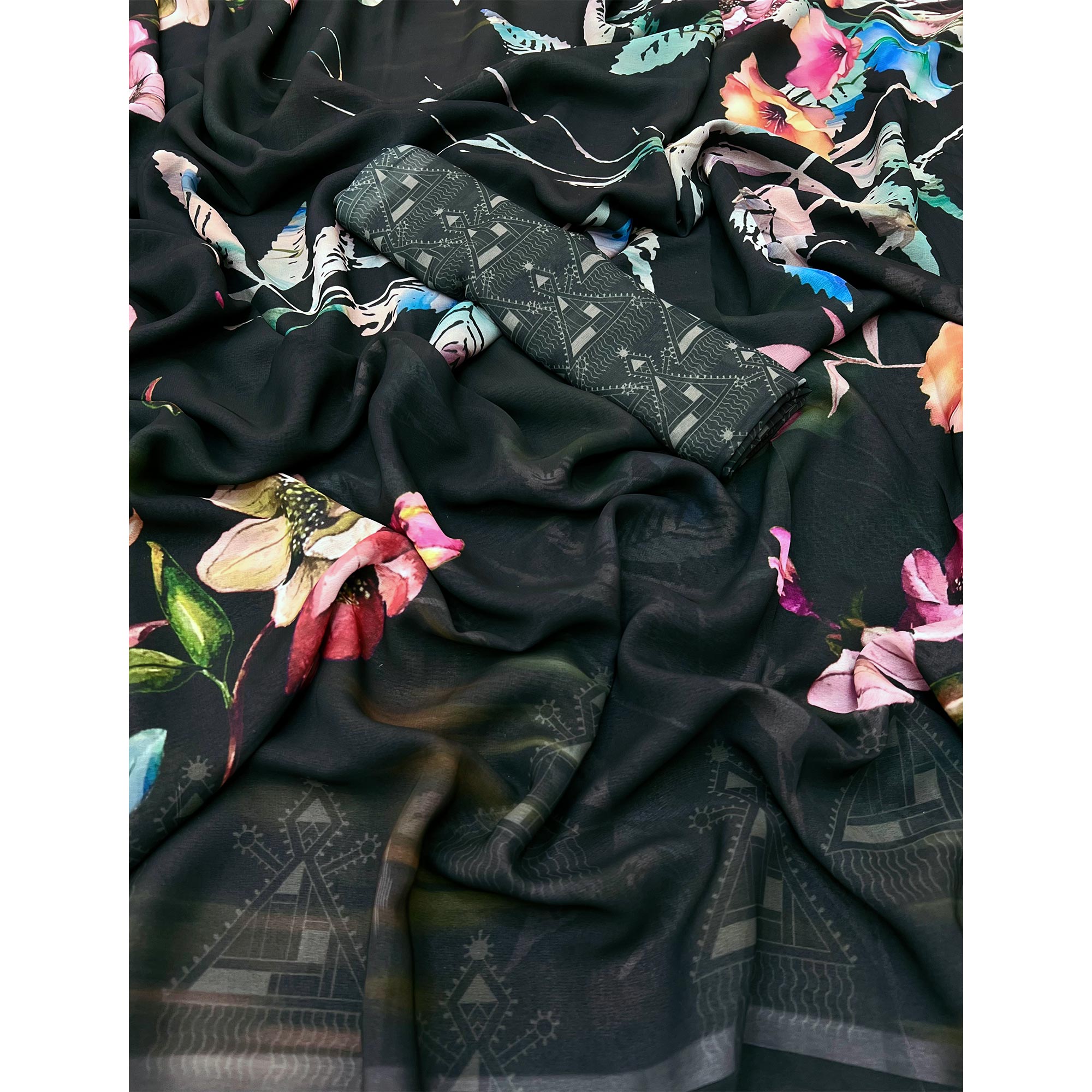Black Floral Digital Printed Georgette Saree