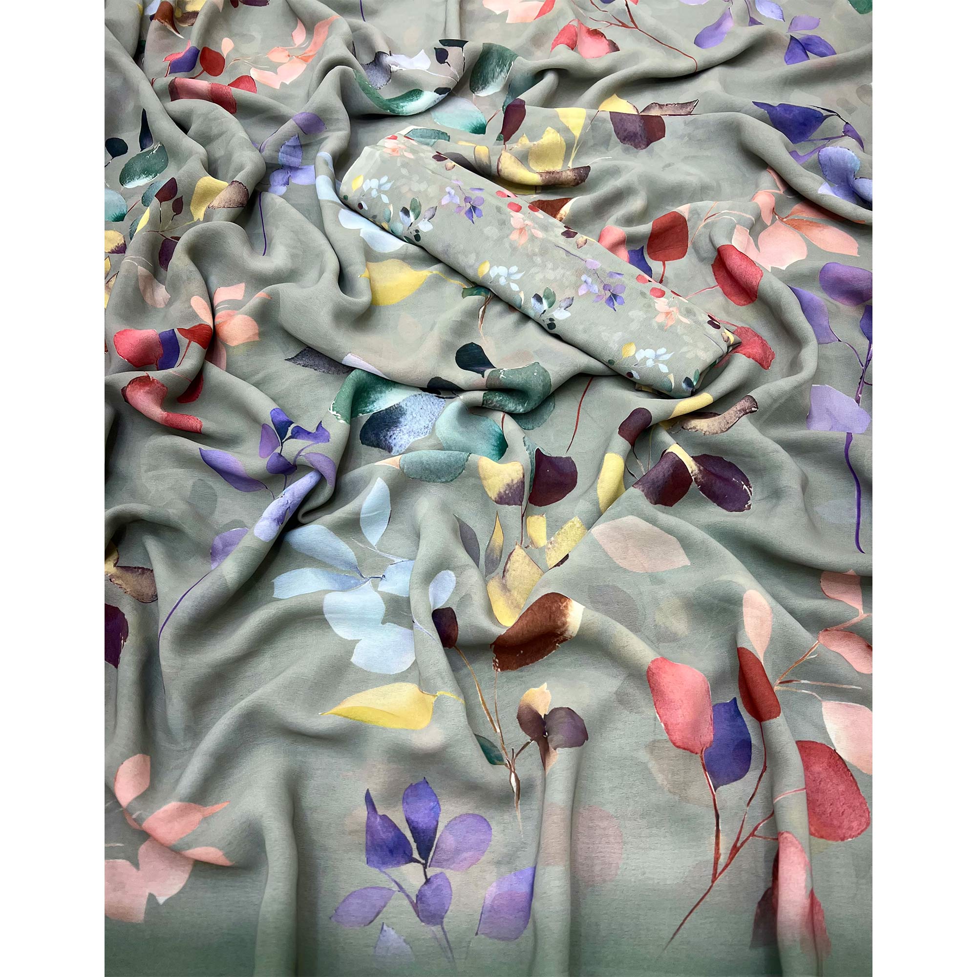 Grey Floral Digital Printed Georgette Saree