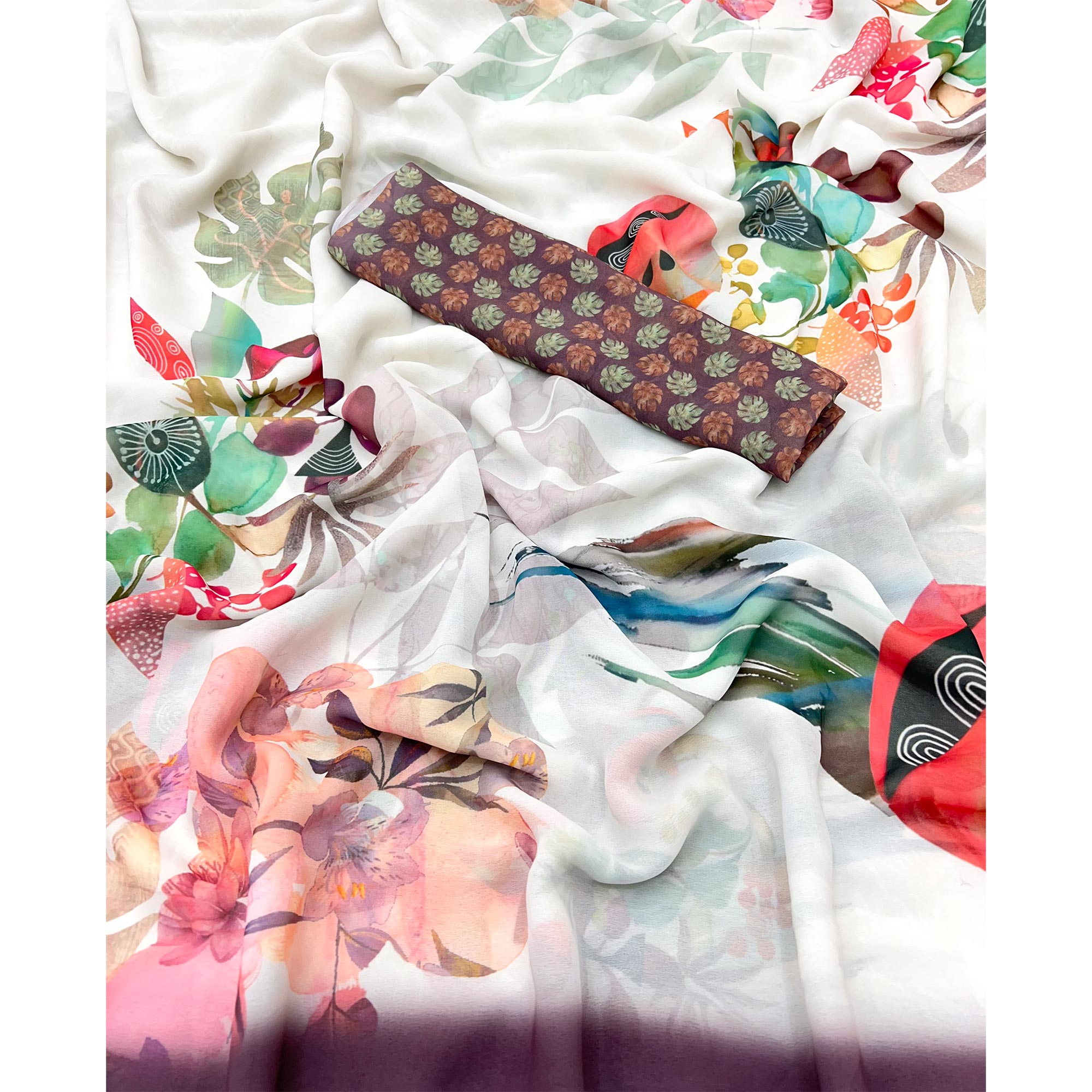 White Floral Digital Printed Georgette Saree