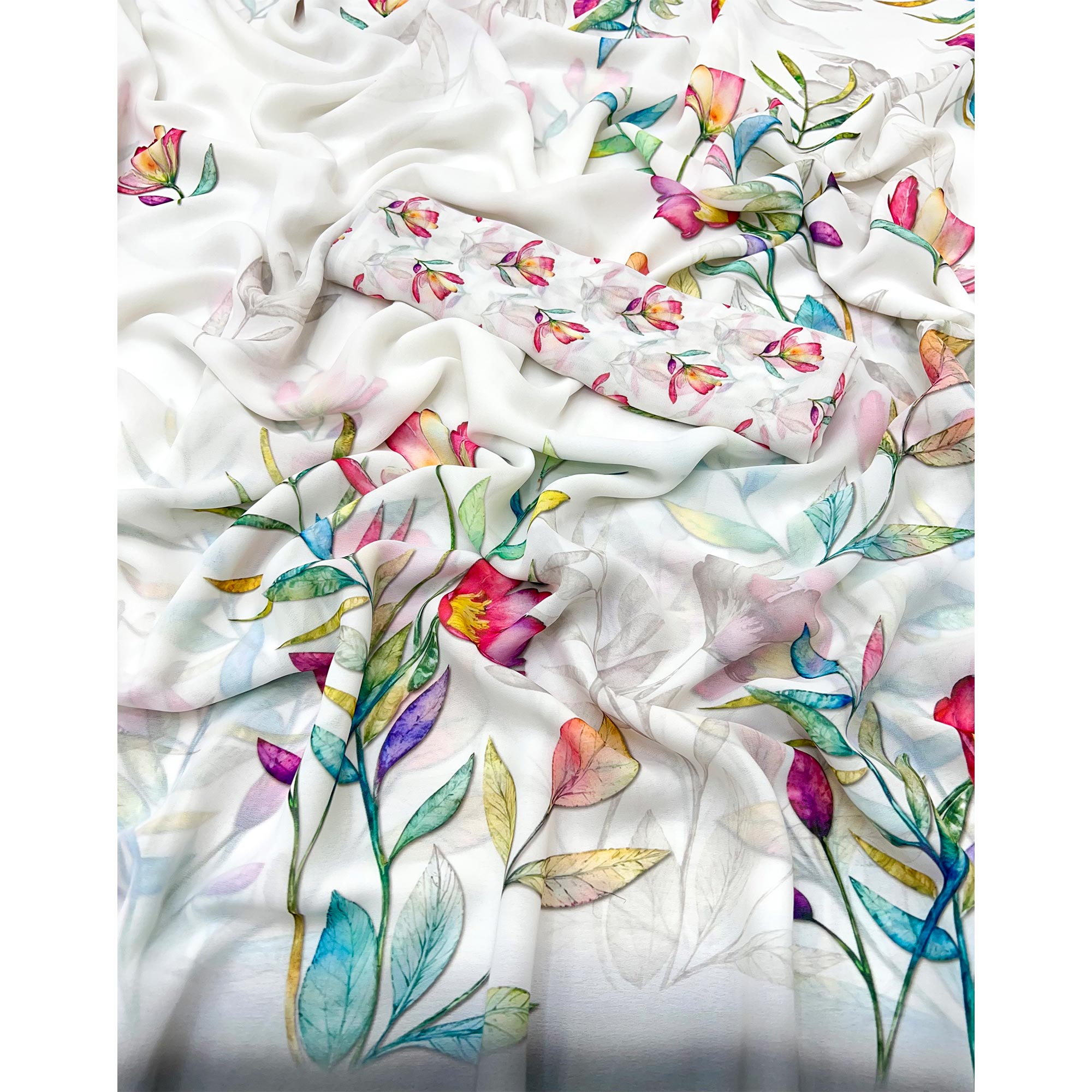 White Floral Digital Printed Georgette Saree