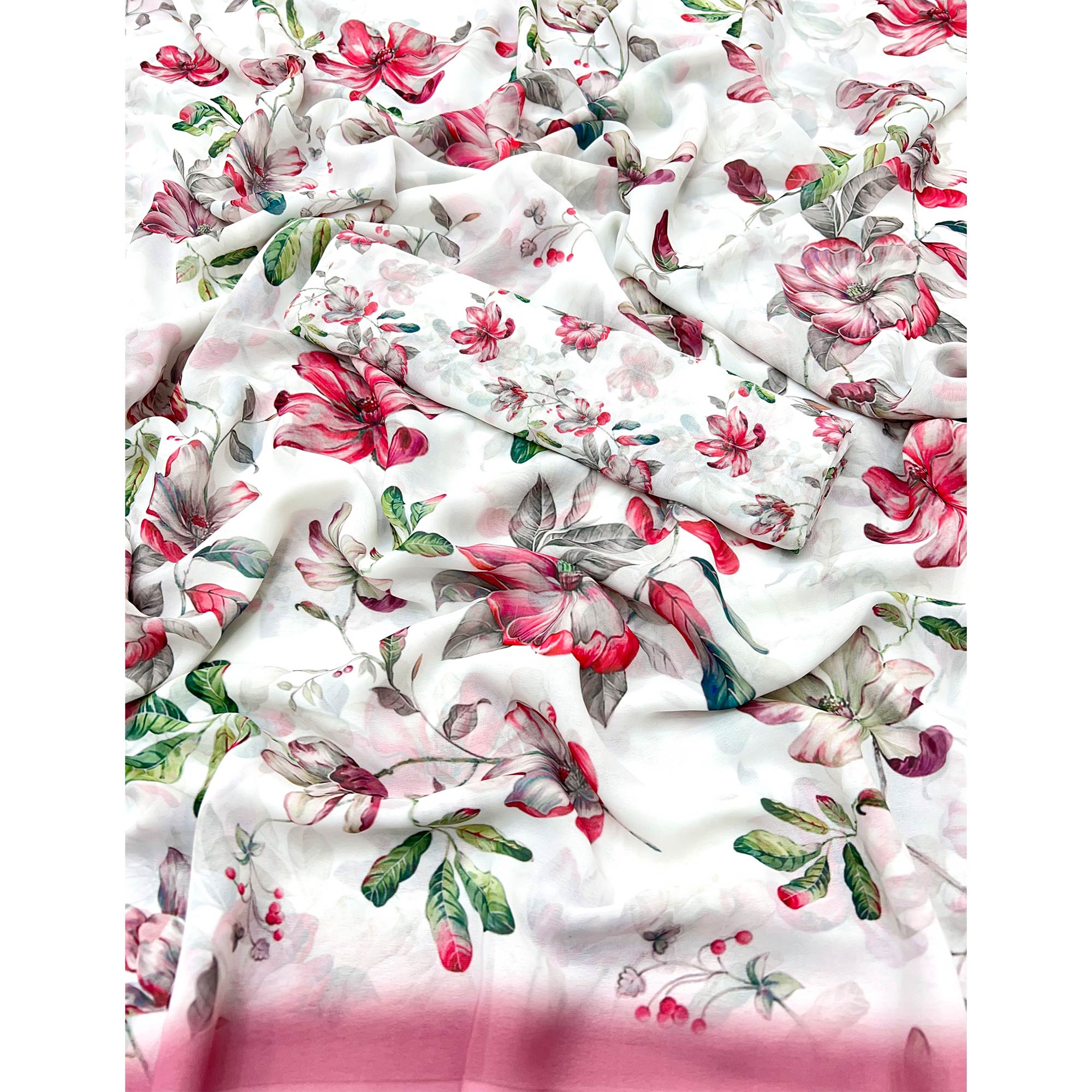White Floral Digital Printed Georgette Saree