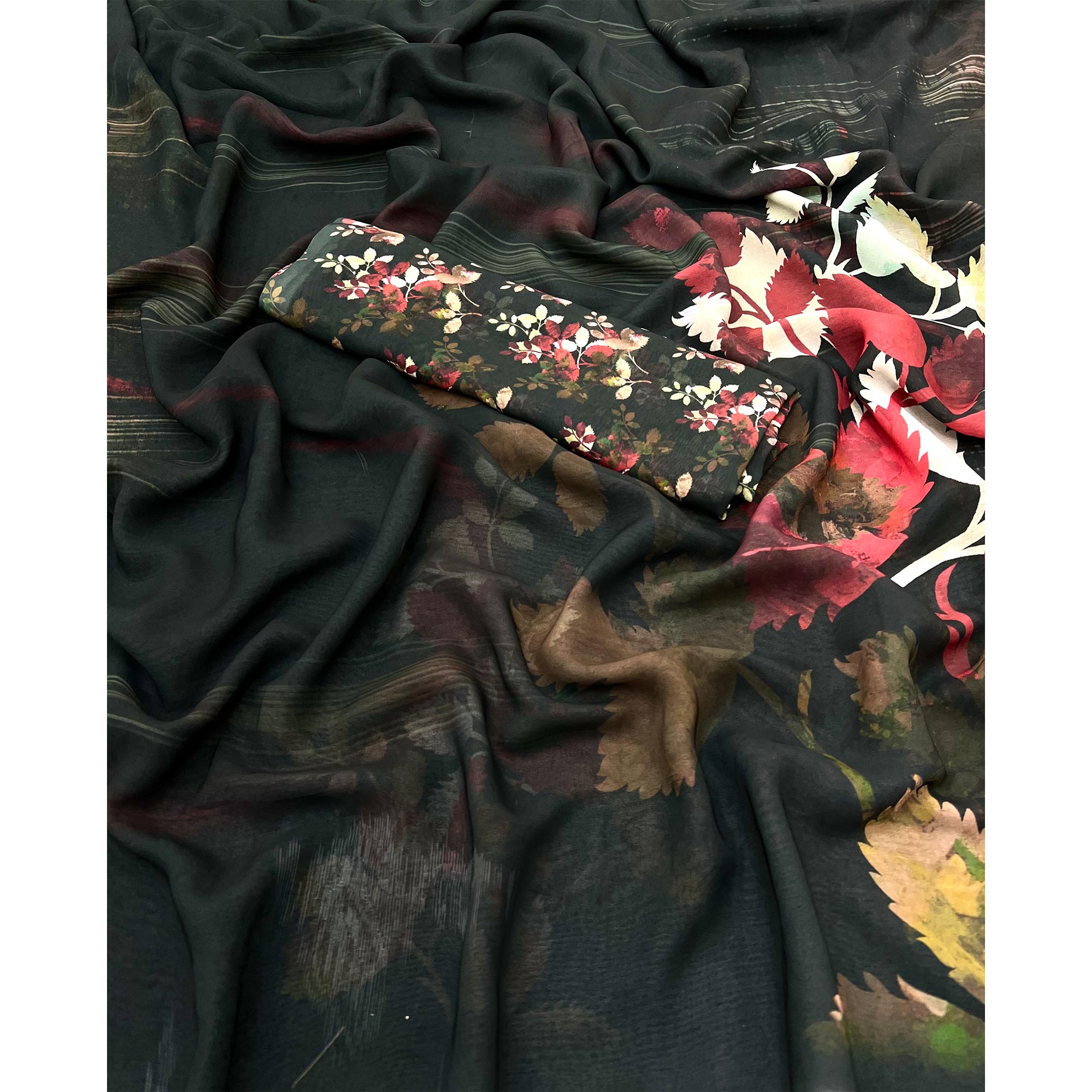 Black Floral Digital Printed Georgette Saree