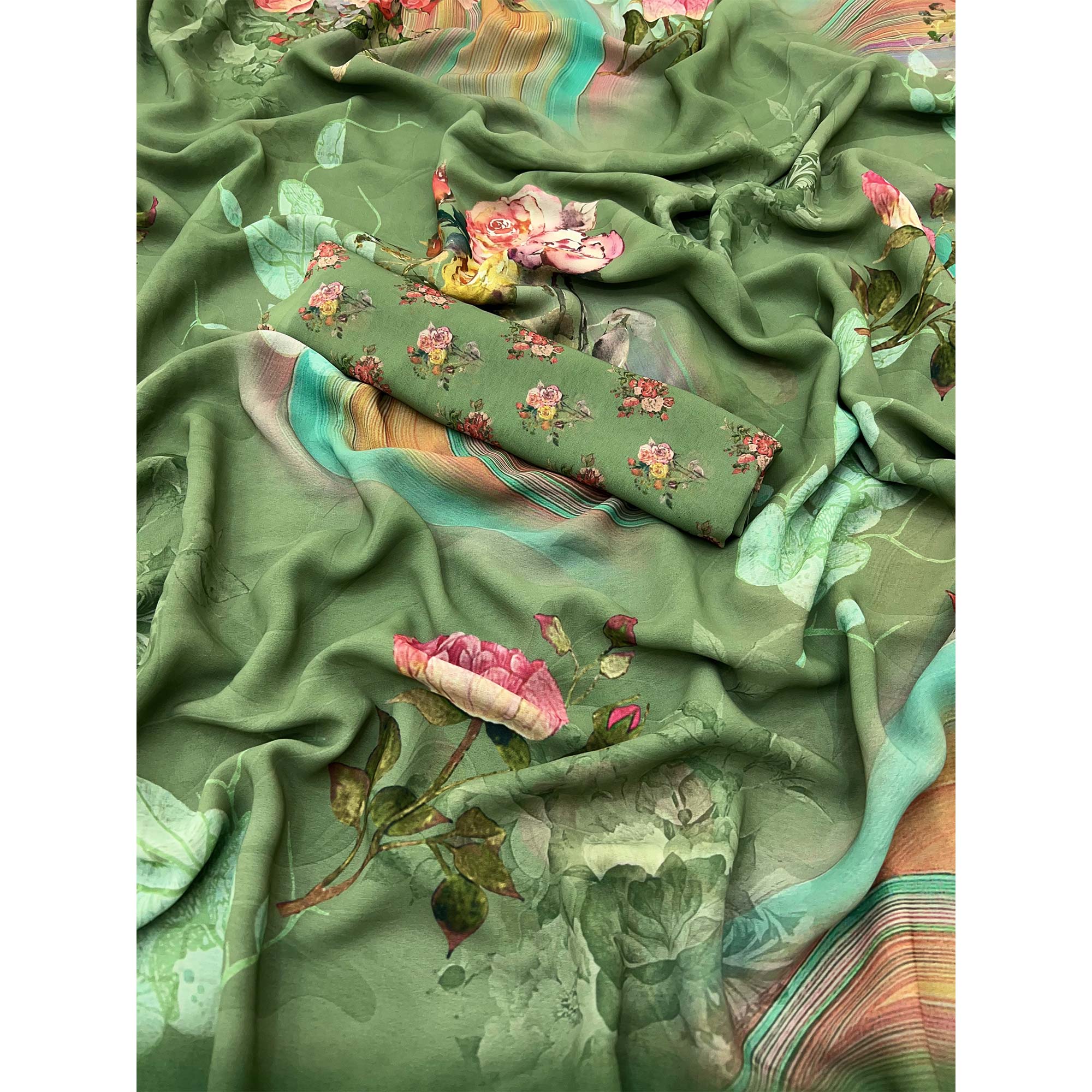 Green Floral Digital Printed Georgette Saree