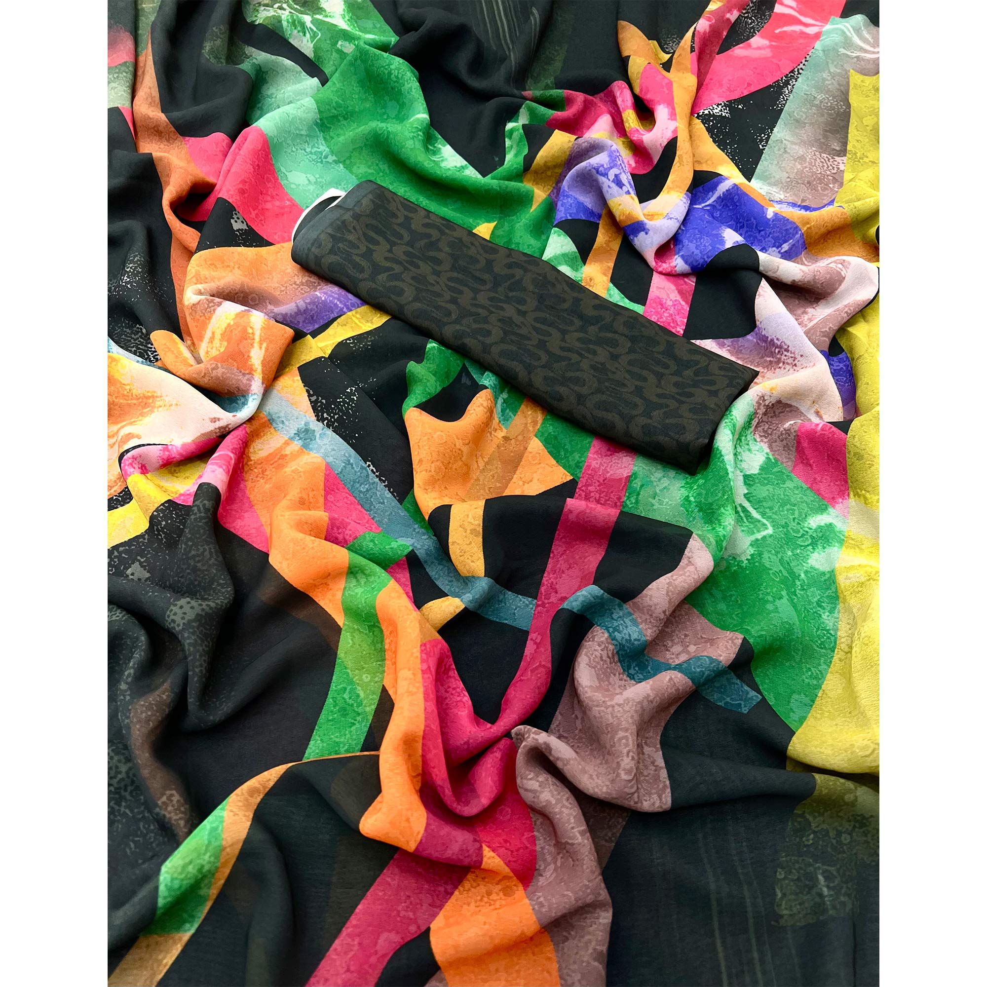 Black Floral Digital Printed Georgette Saree