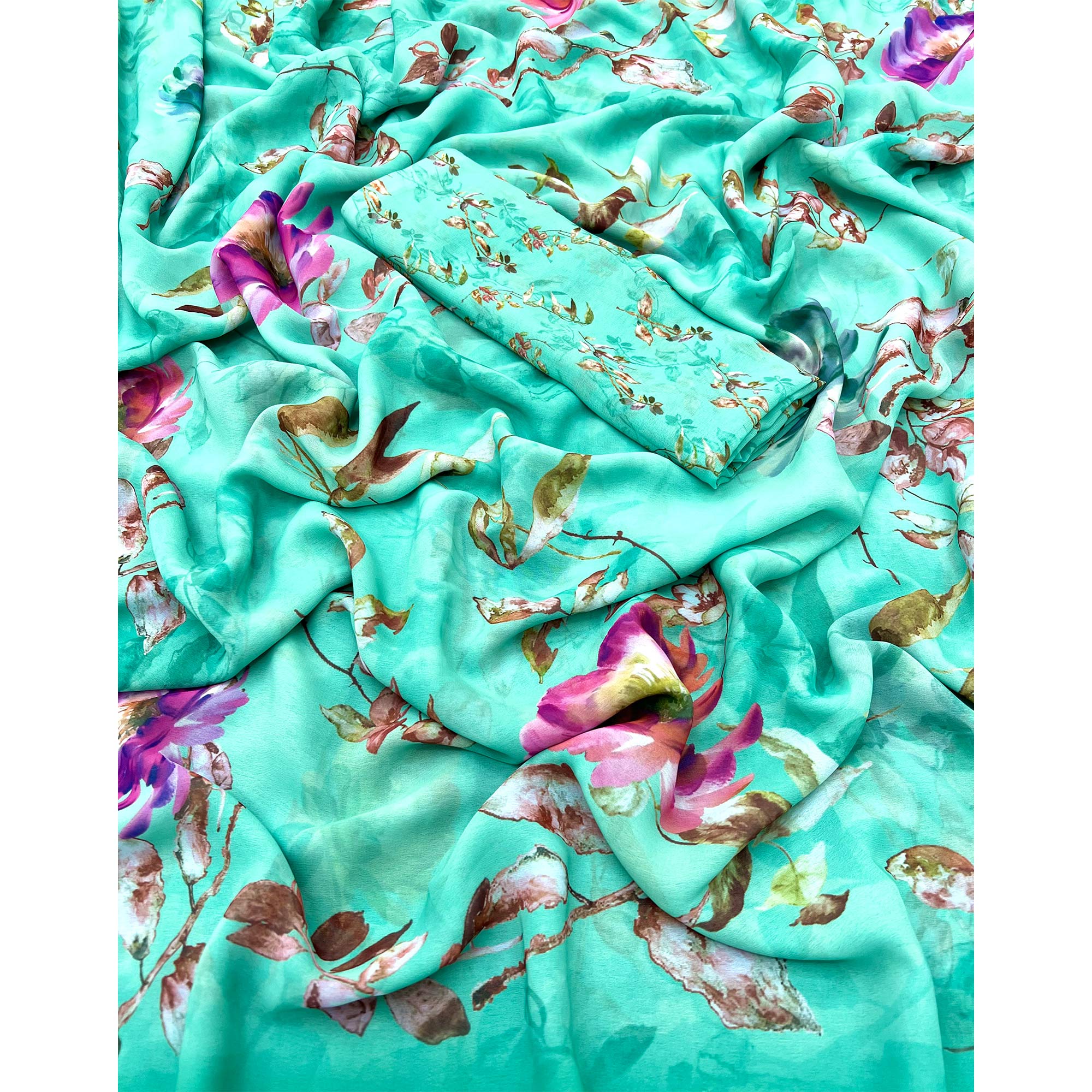 Turquoise Floral Digital Printed Georgette Saree