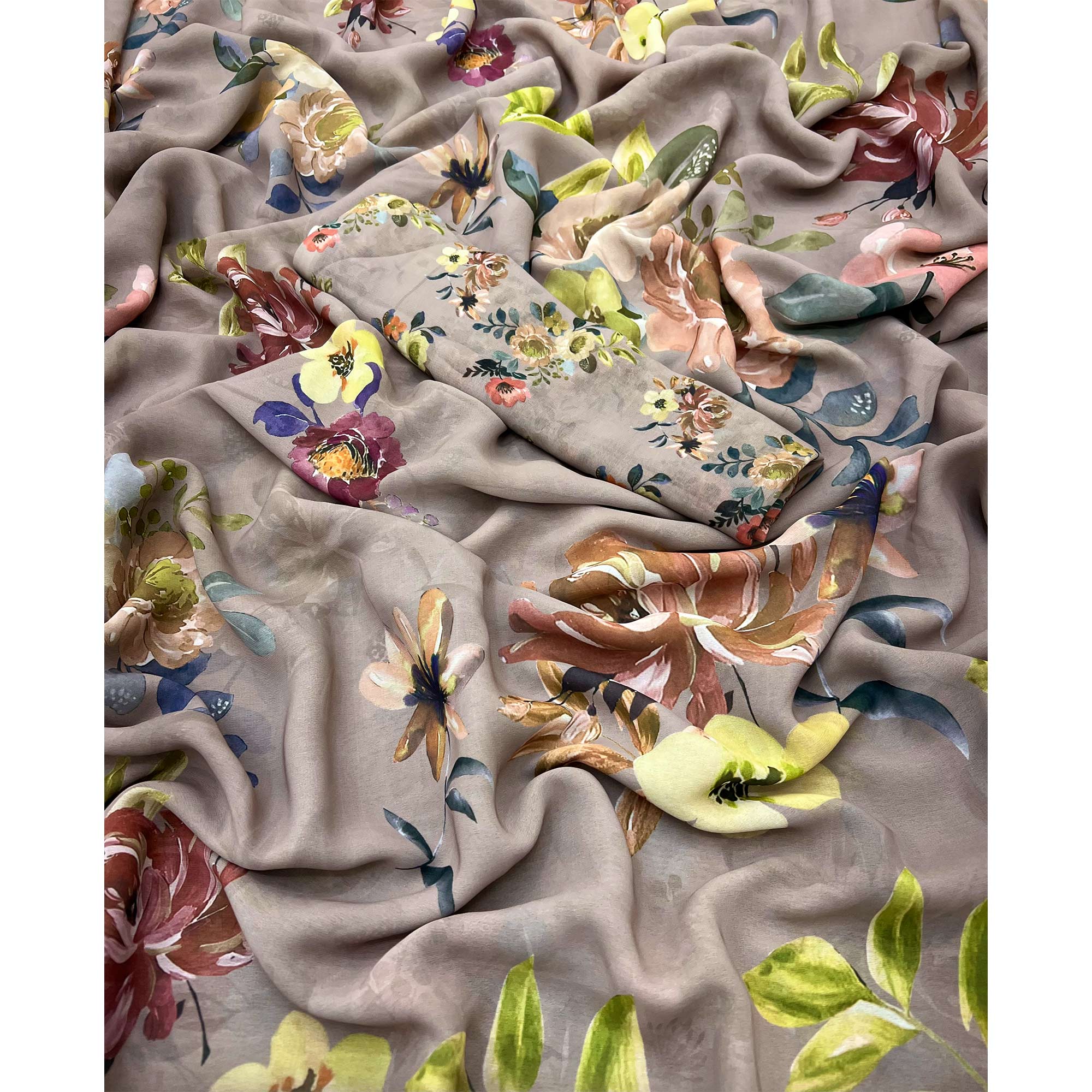 Grey Floral Digital Printed Georgette Saree