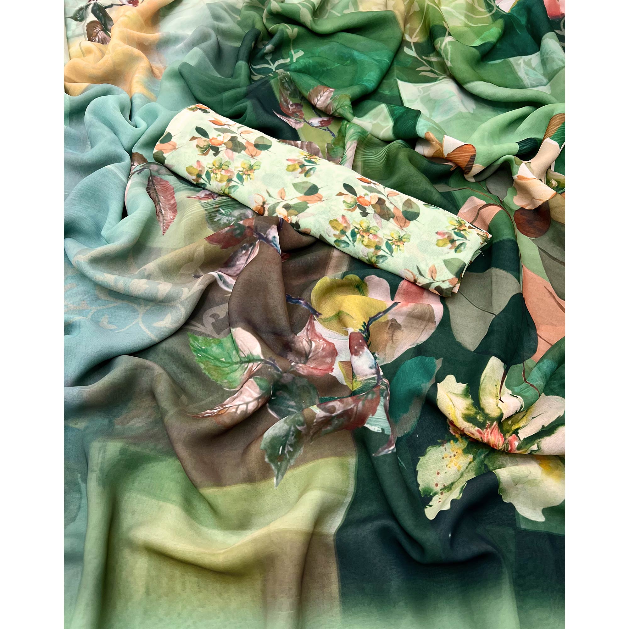 Green Floral Digital Printed Georgette Saree