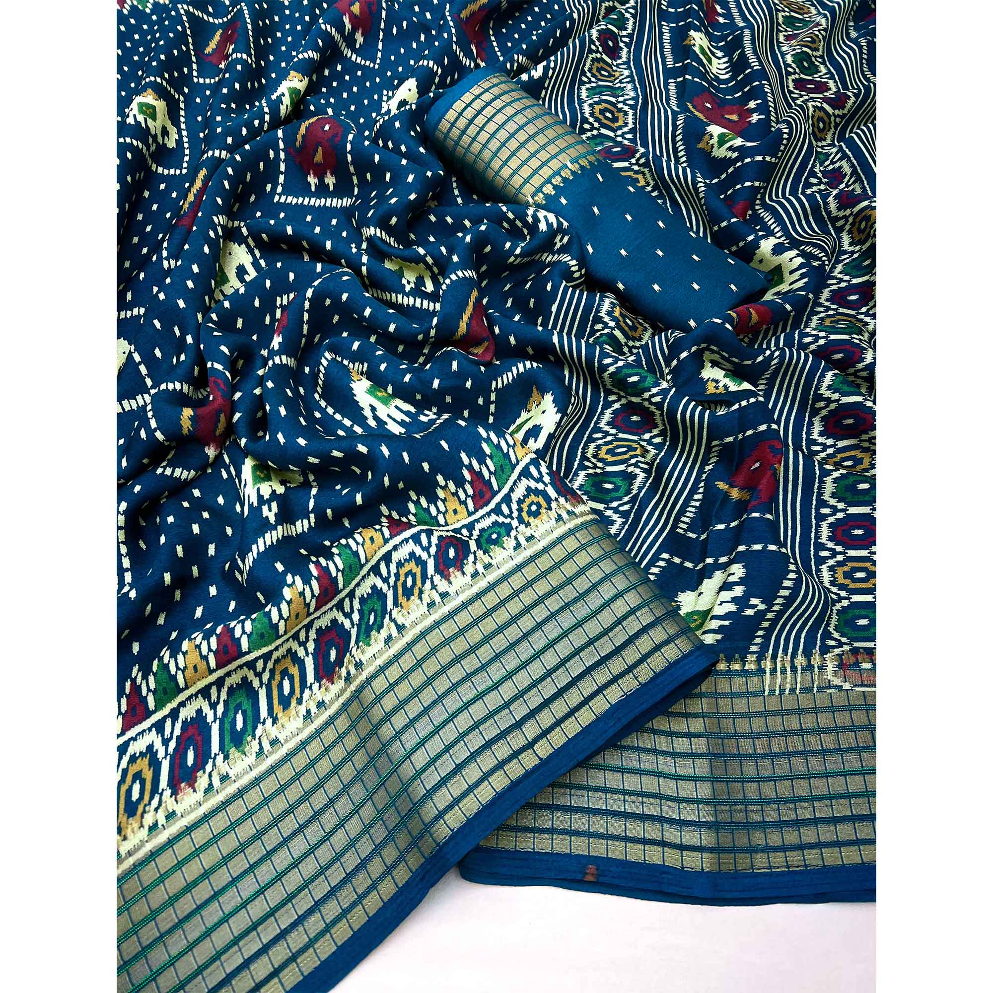 Morpich Blue Printed Georgette Saree With Woven Border