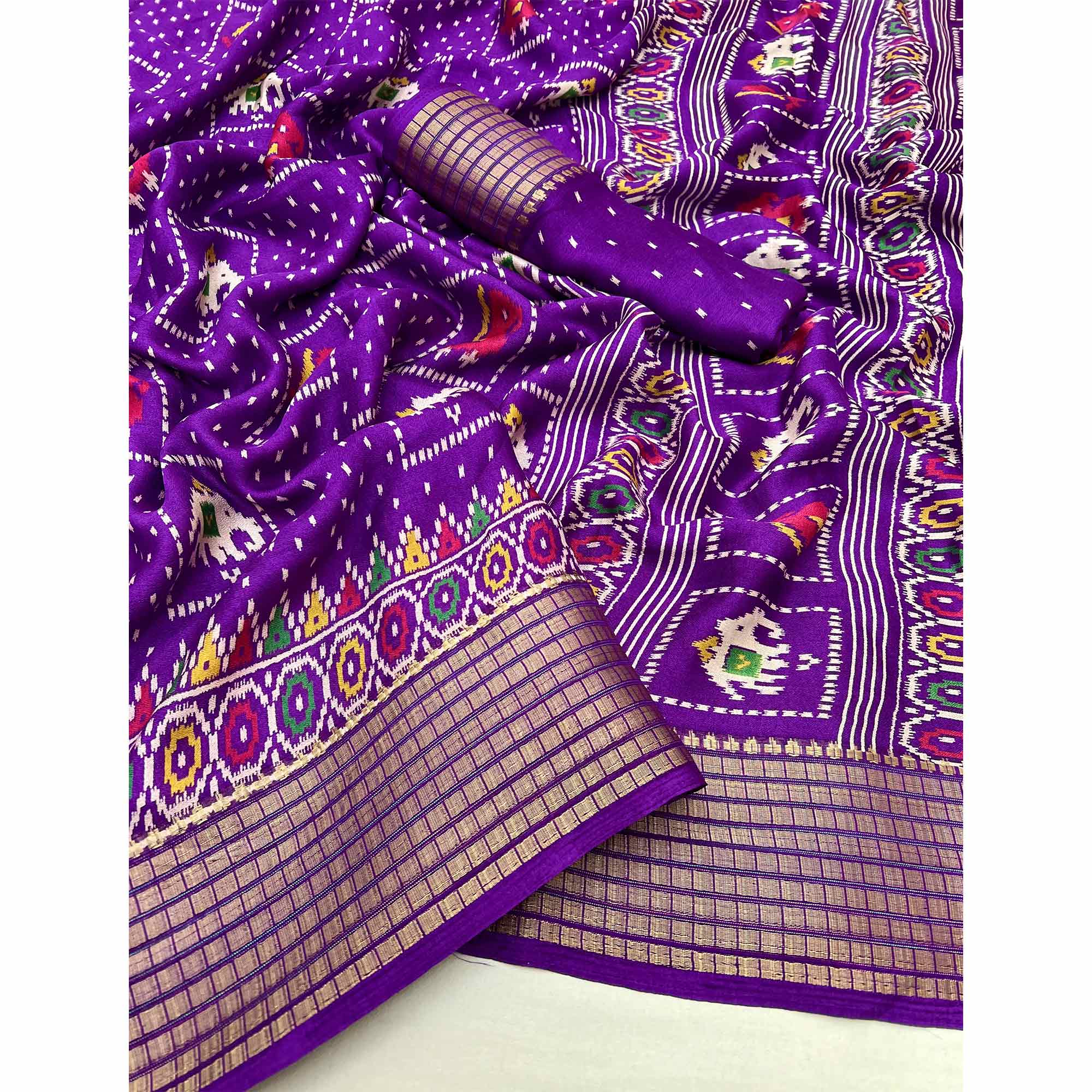 Purple Printed Georgette Saree With Woven Border