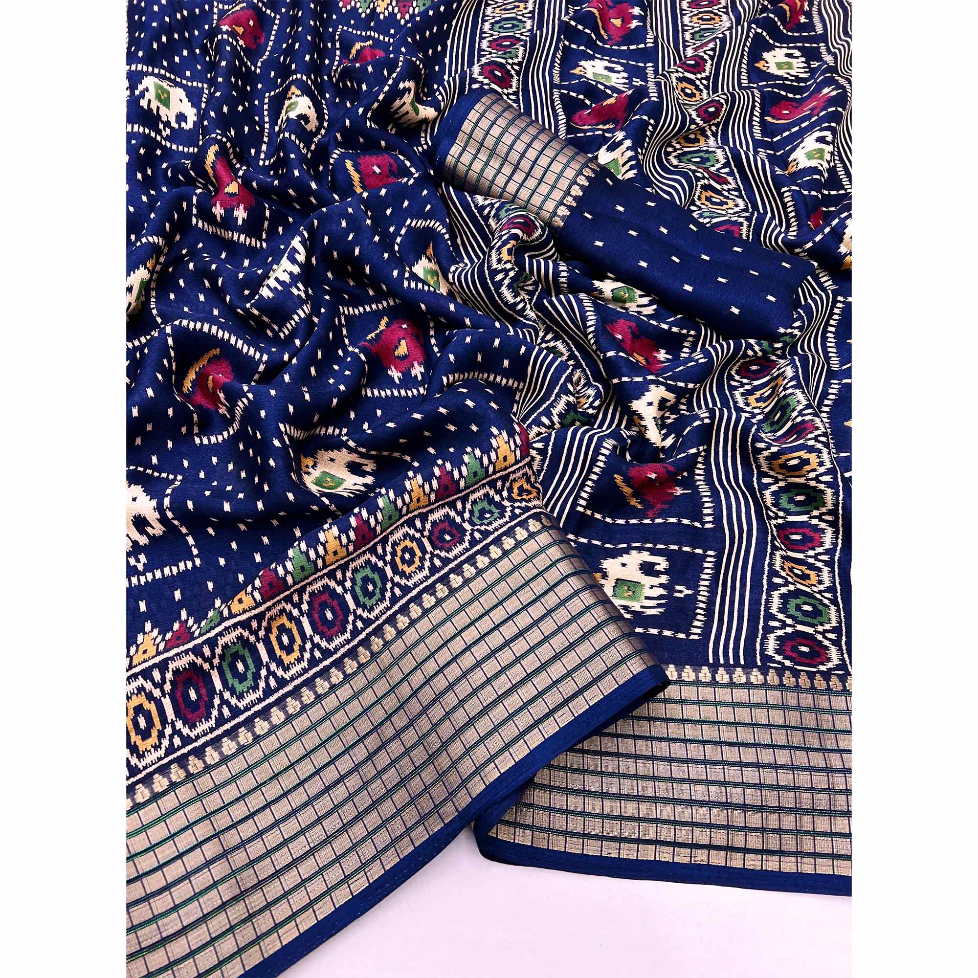 Navy Blue Printed Georgette Saree With Woven Border