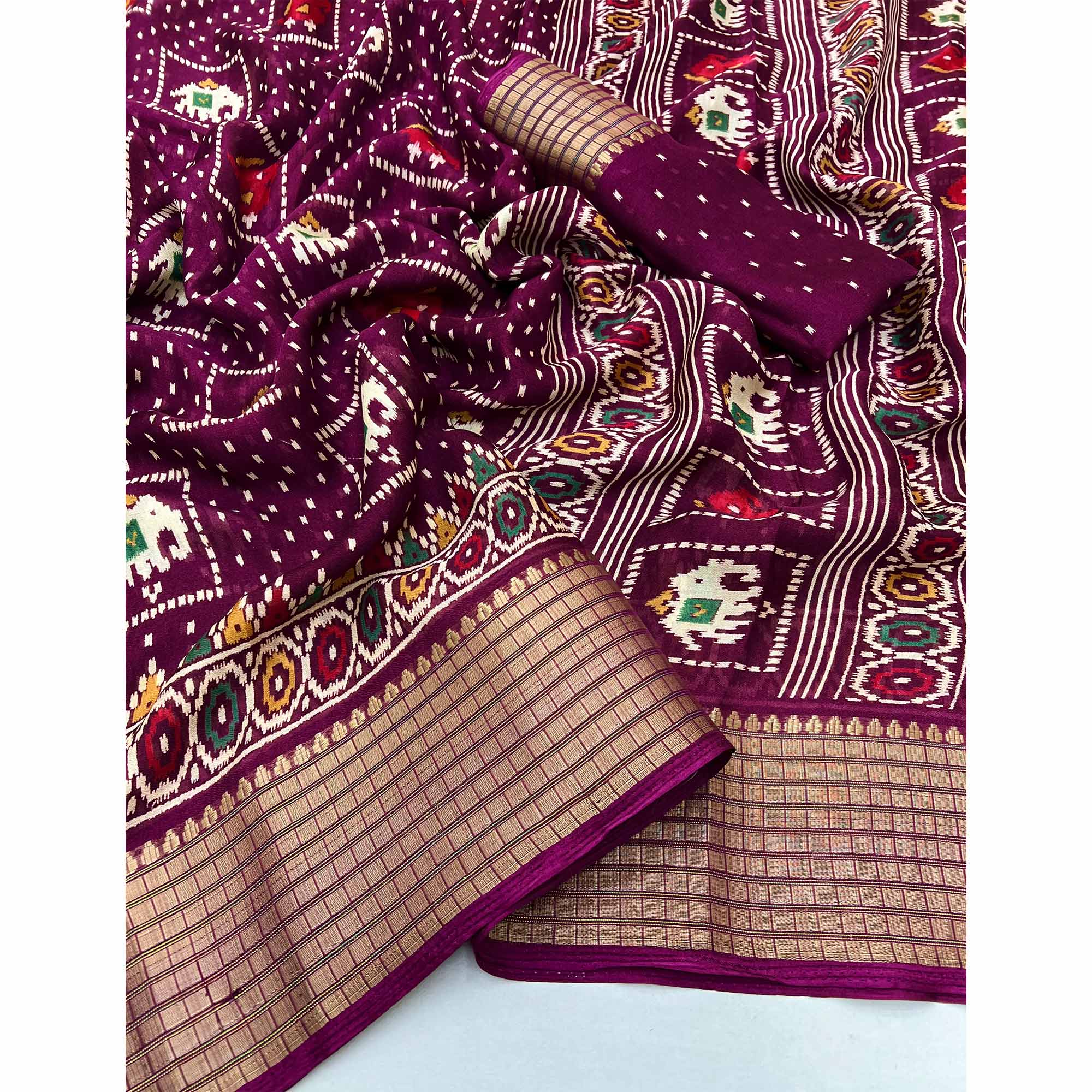 Wine Printed Georgette Saree With Woven Border