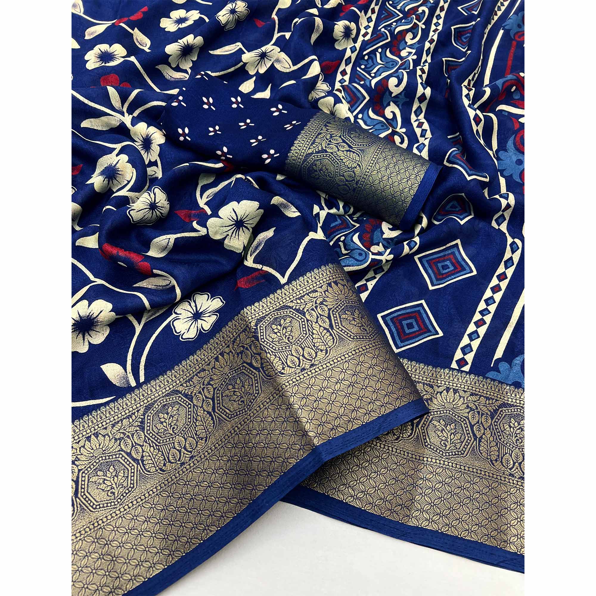 Blue Floral Printed Georgette Saree With Woven Border