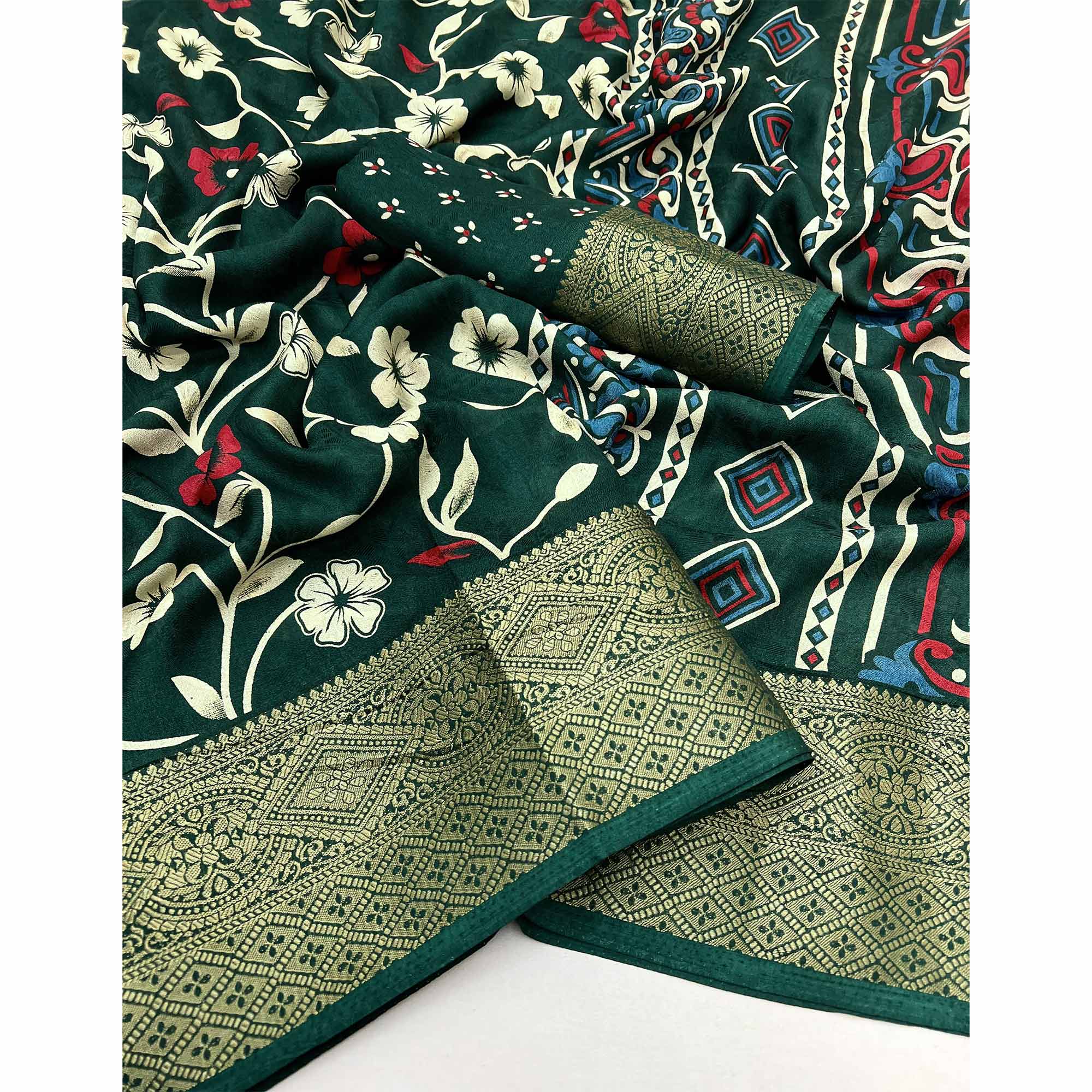 Green Floral Printed Georgette Saree With Woven Border