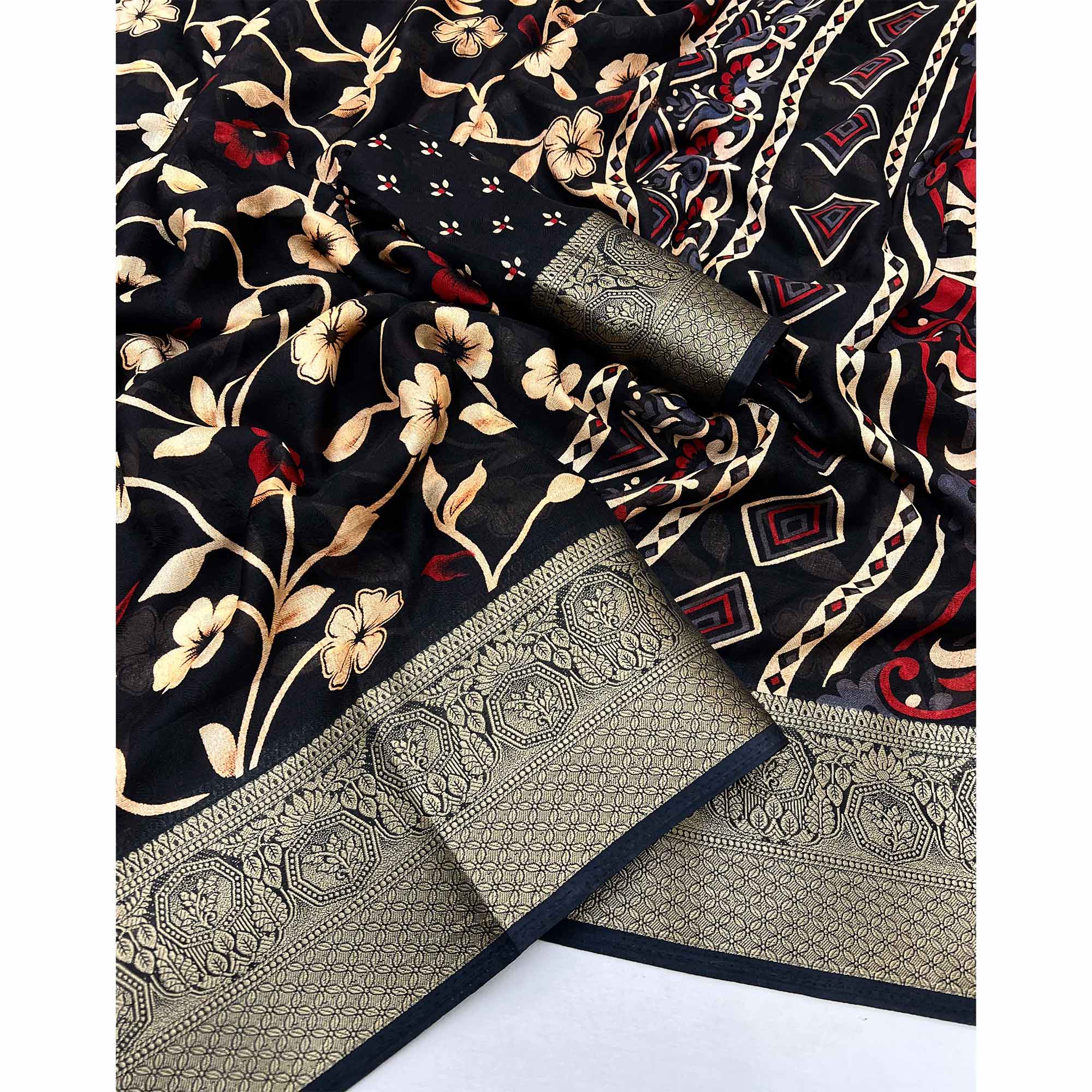 Black Floral Printed Georgette Saree With Woven Border