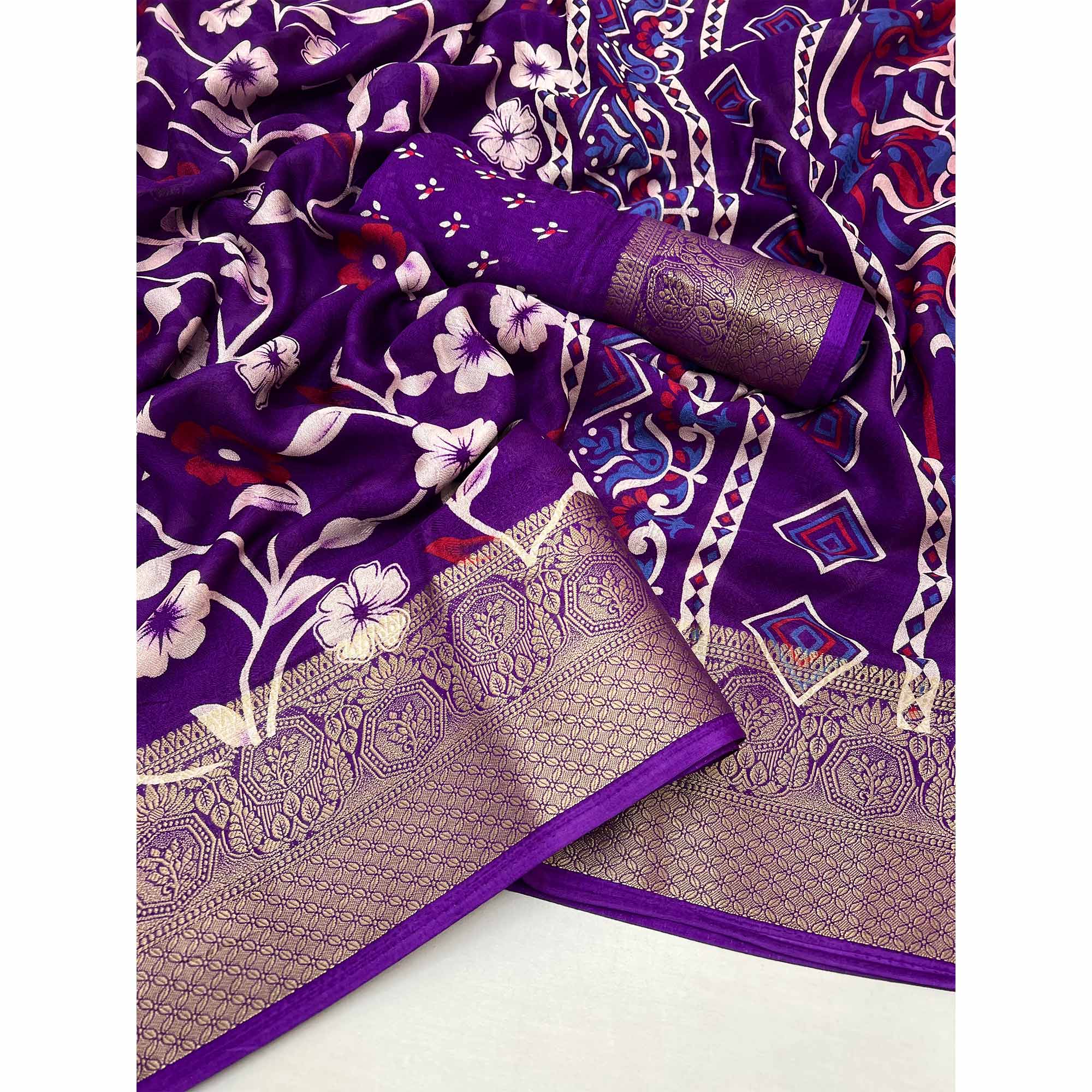 Purple Floral Printed Georgette Saree With Woven Border