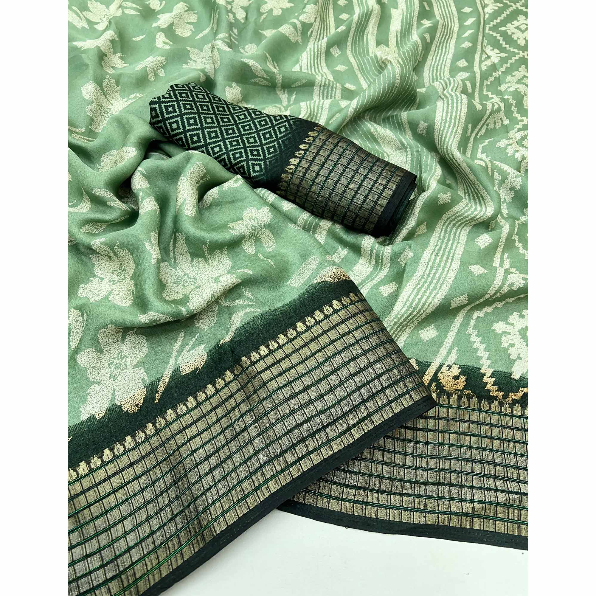 Green Floral Printed Georgette Saree With Woven Border
