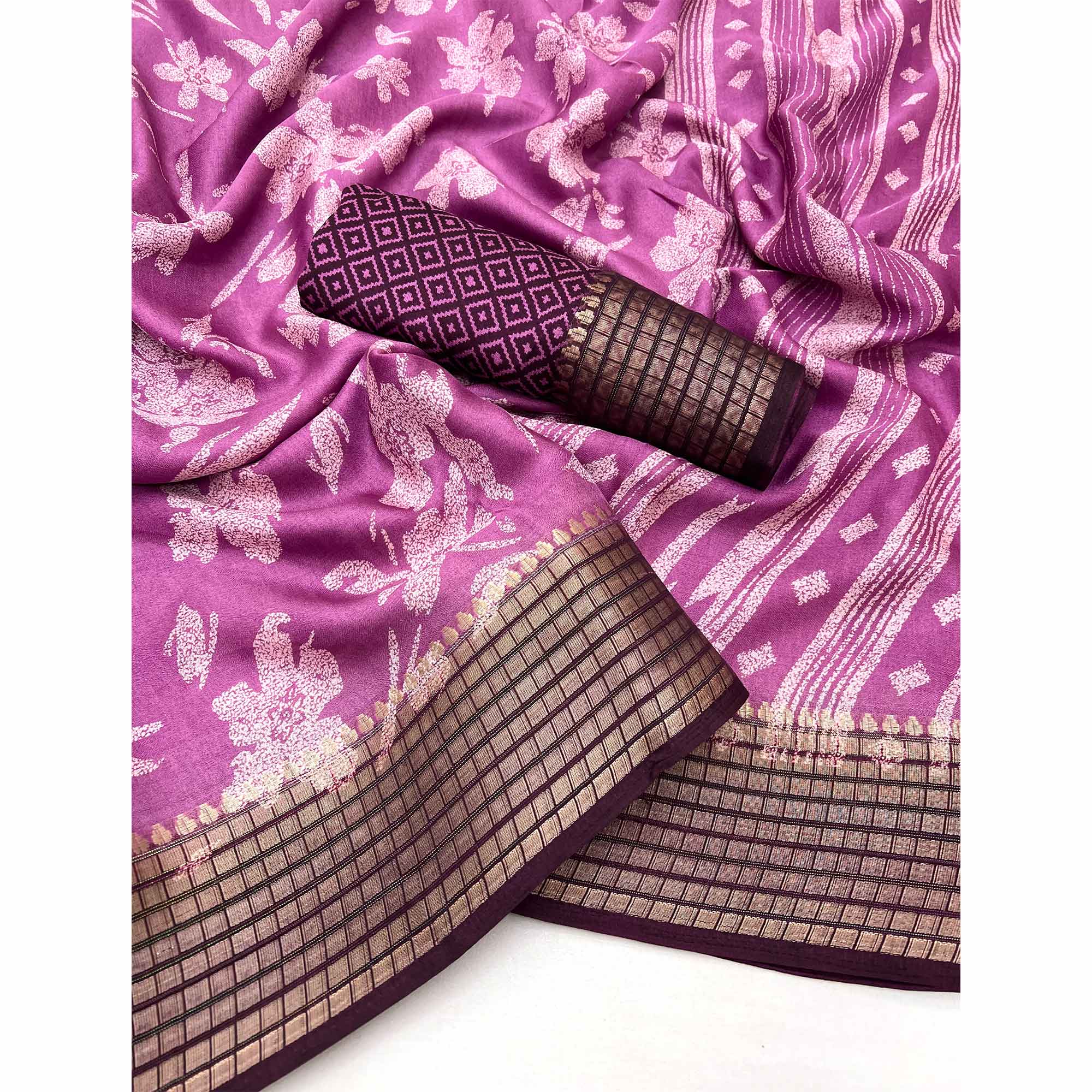Pink Floral Printed Georgette Saree With Woven Border