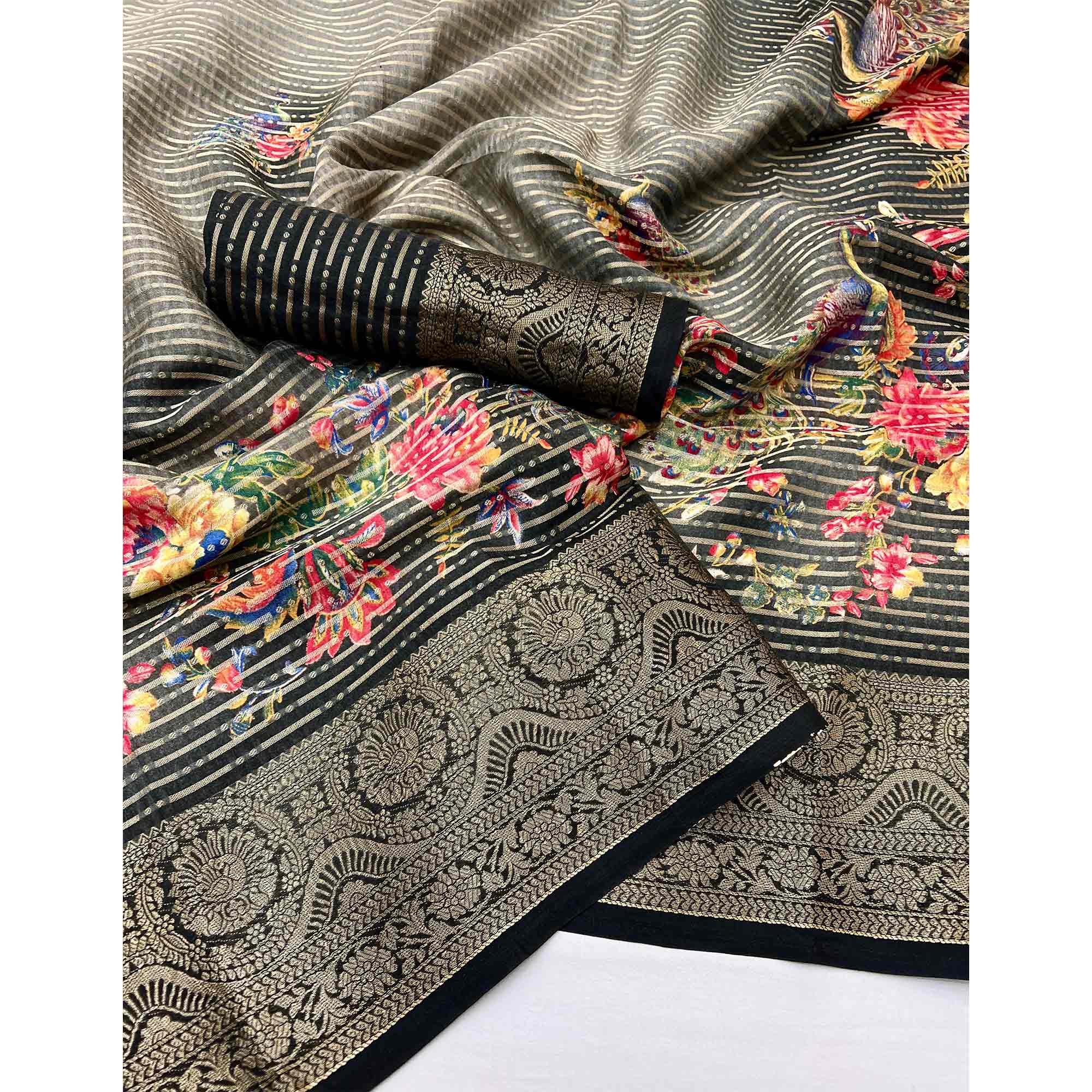 Black & Brown Floral Woven With Printed Georgette Saree