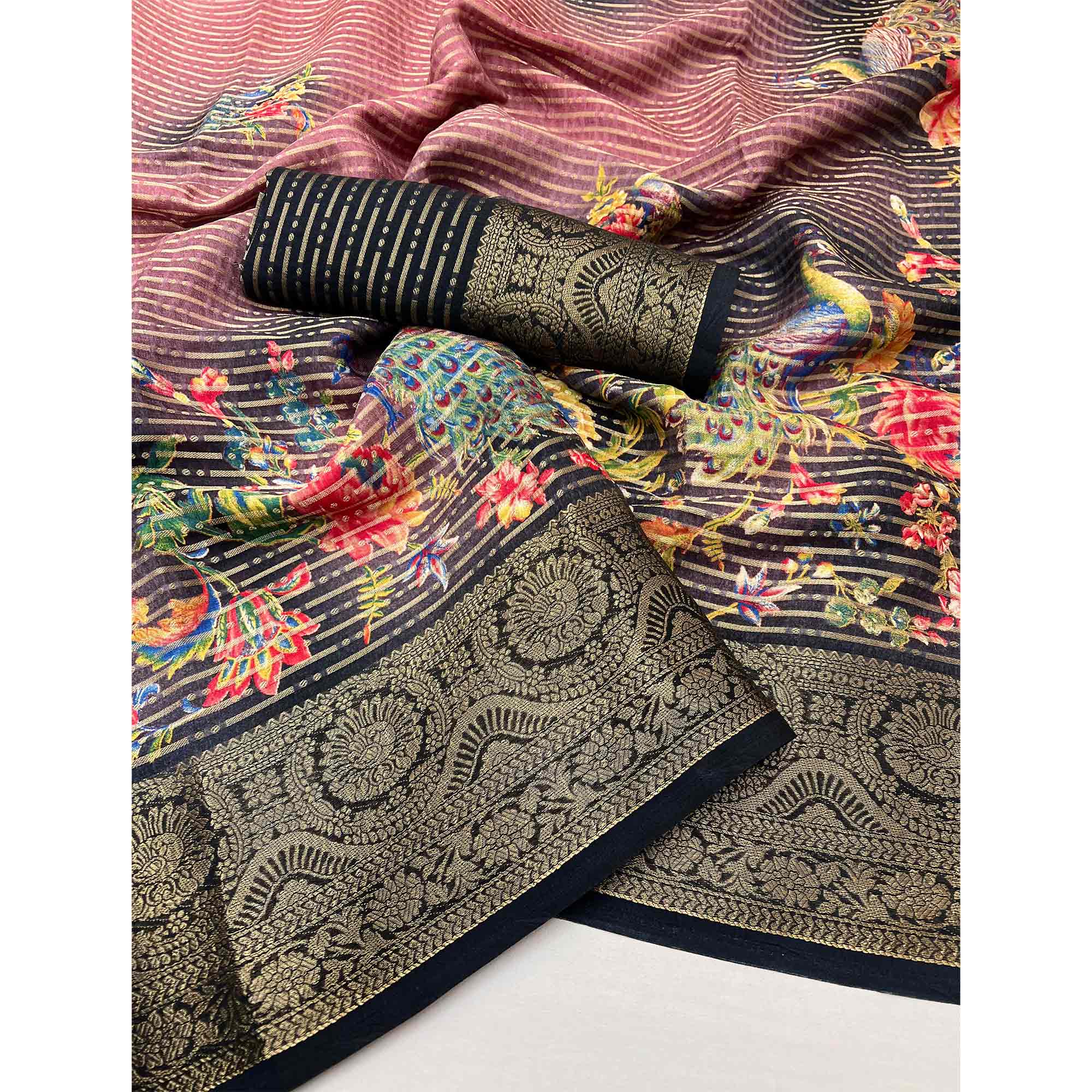 Black & Peach Floral Woven With Printed Georgette Saree
