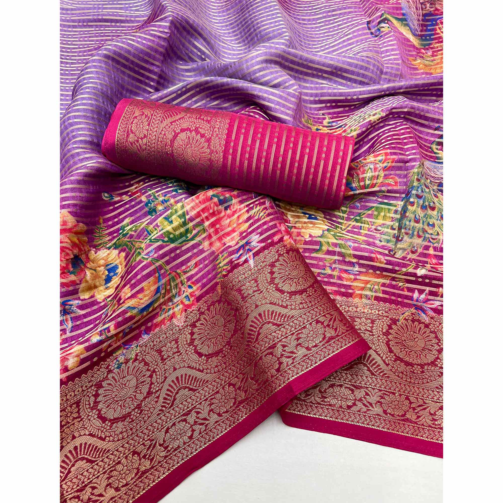 Pink & Lavender Floral Woven With Printed Georgette Saree