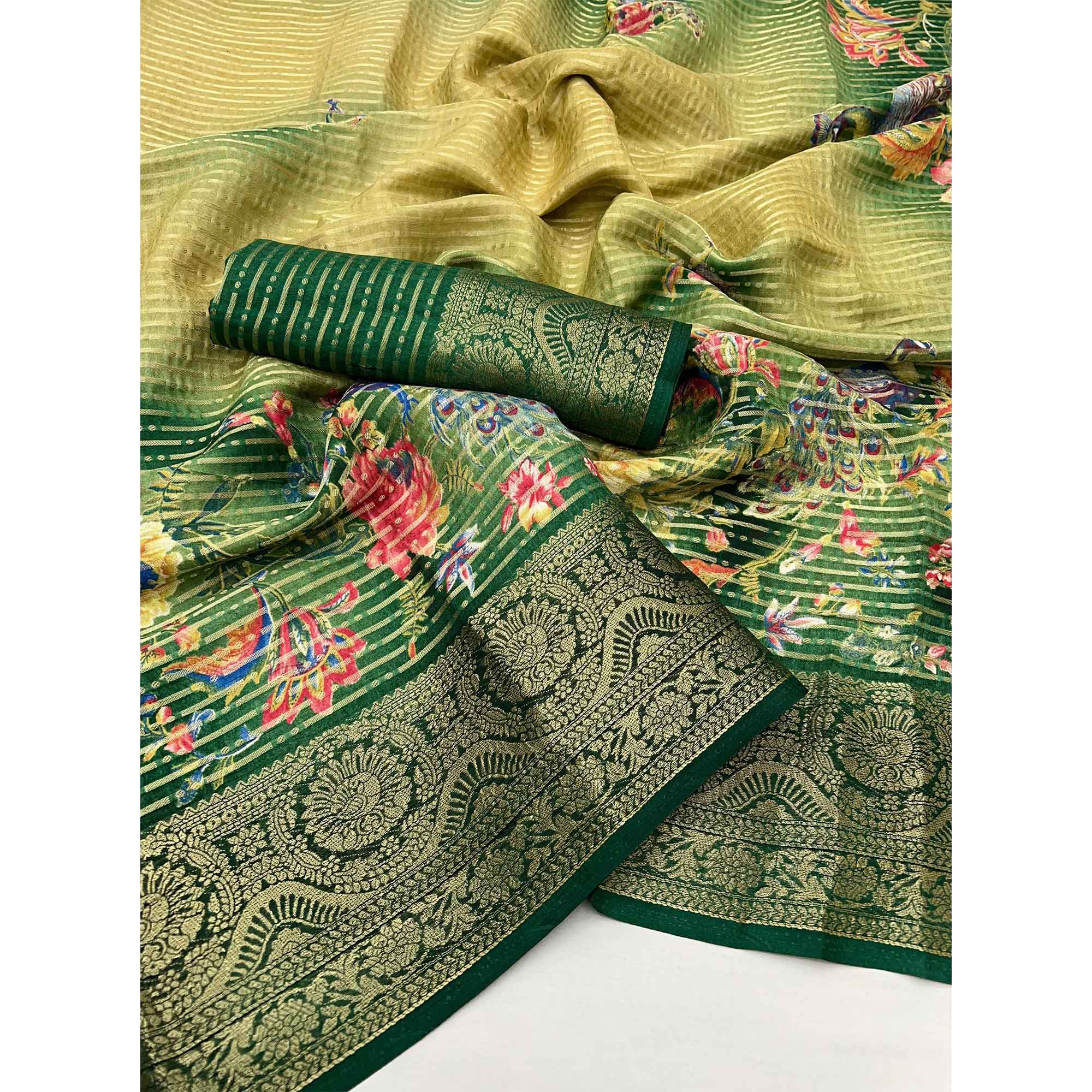Green & Yellow Floral Woven With Printed Georgette Saree