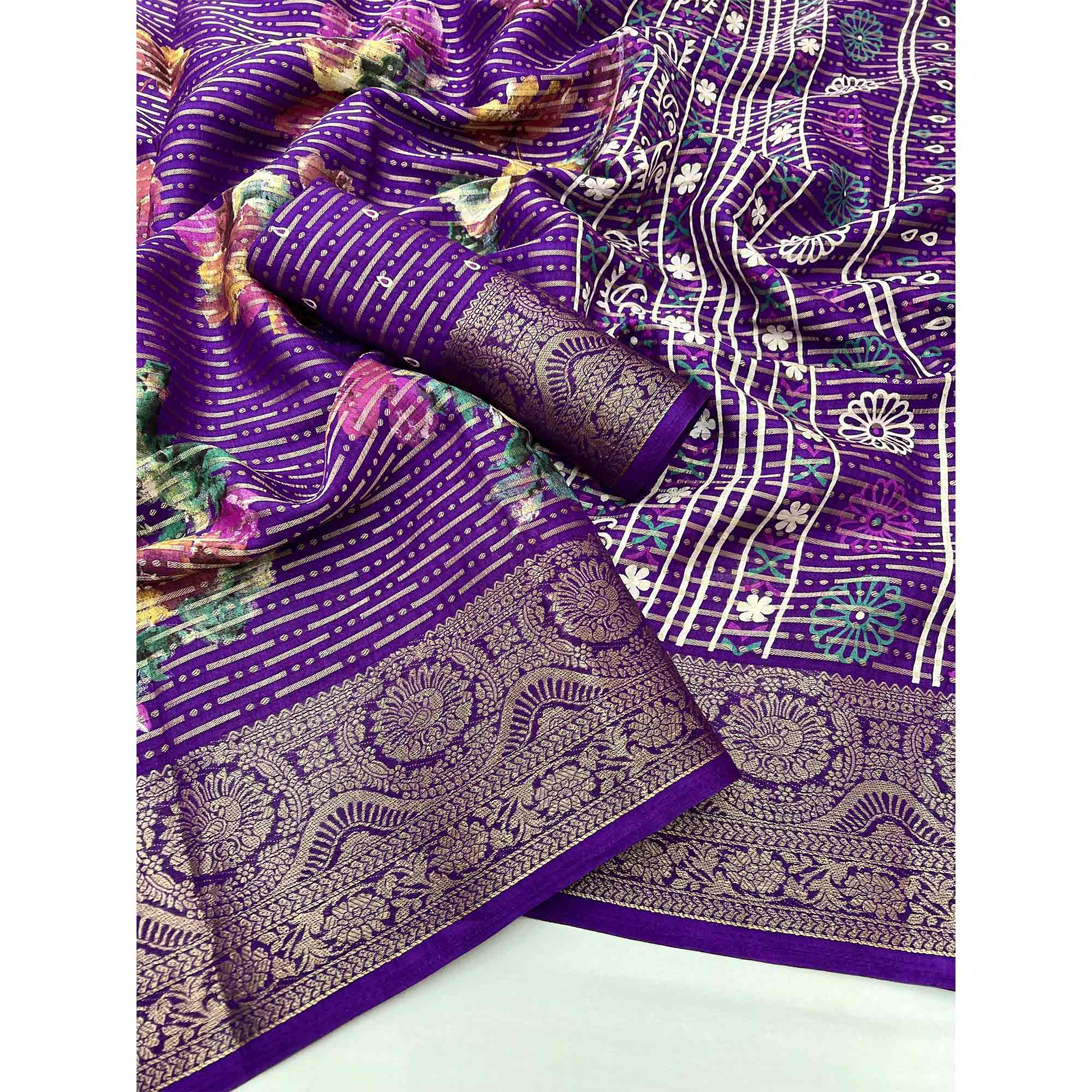 Purple Floral Woven With Printed Georgette Saree