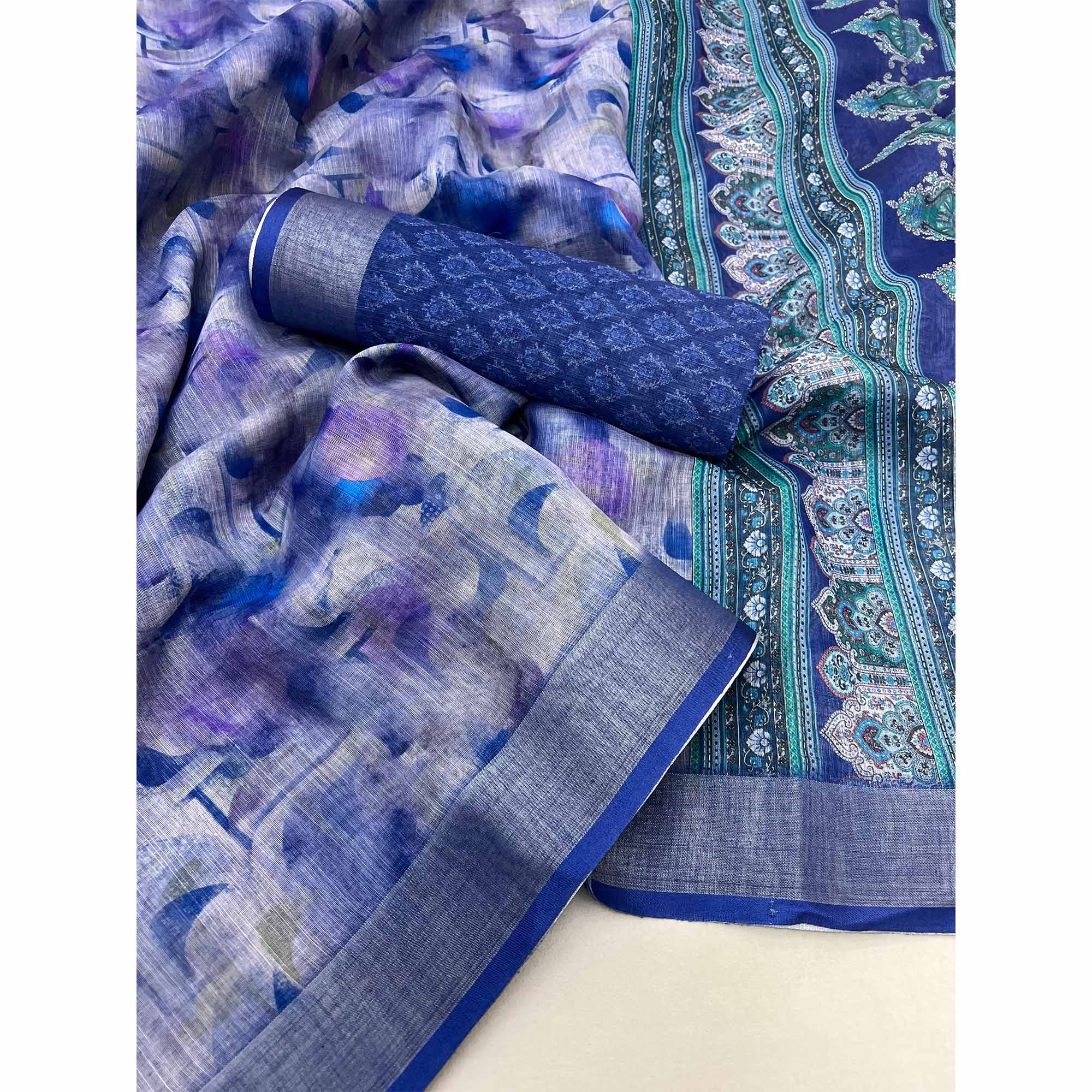 Blue Digital Printed Linen Saree With Woven Border