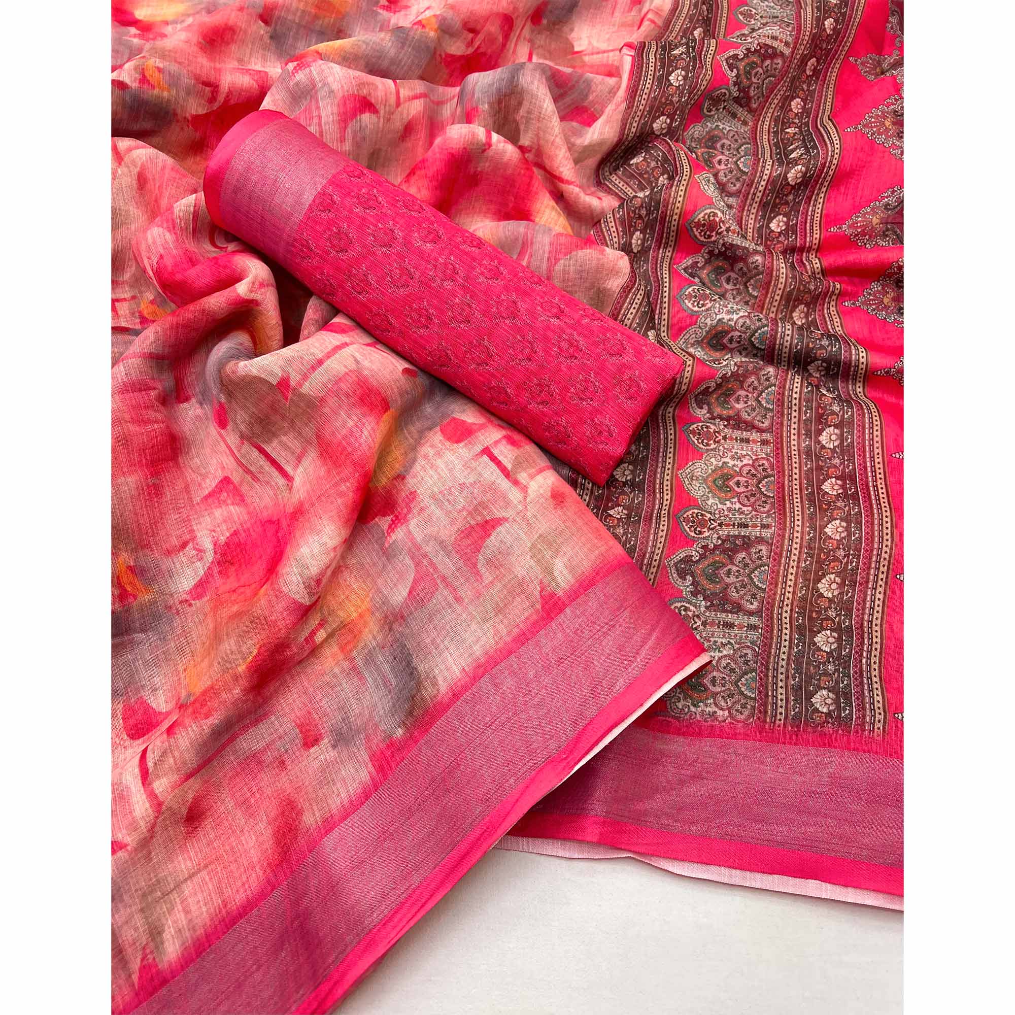 Pink Digital Printed Linen Saree With Woven Border