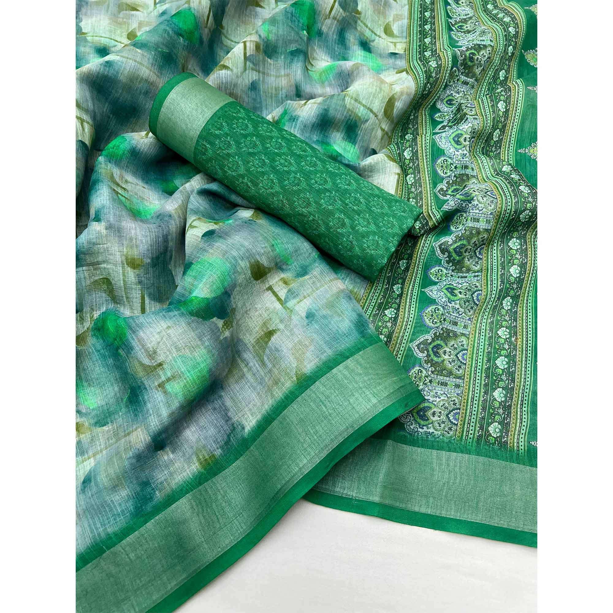 Green Digital Printed Linen Saree With Woven Border