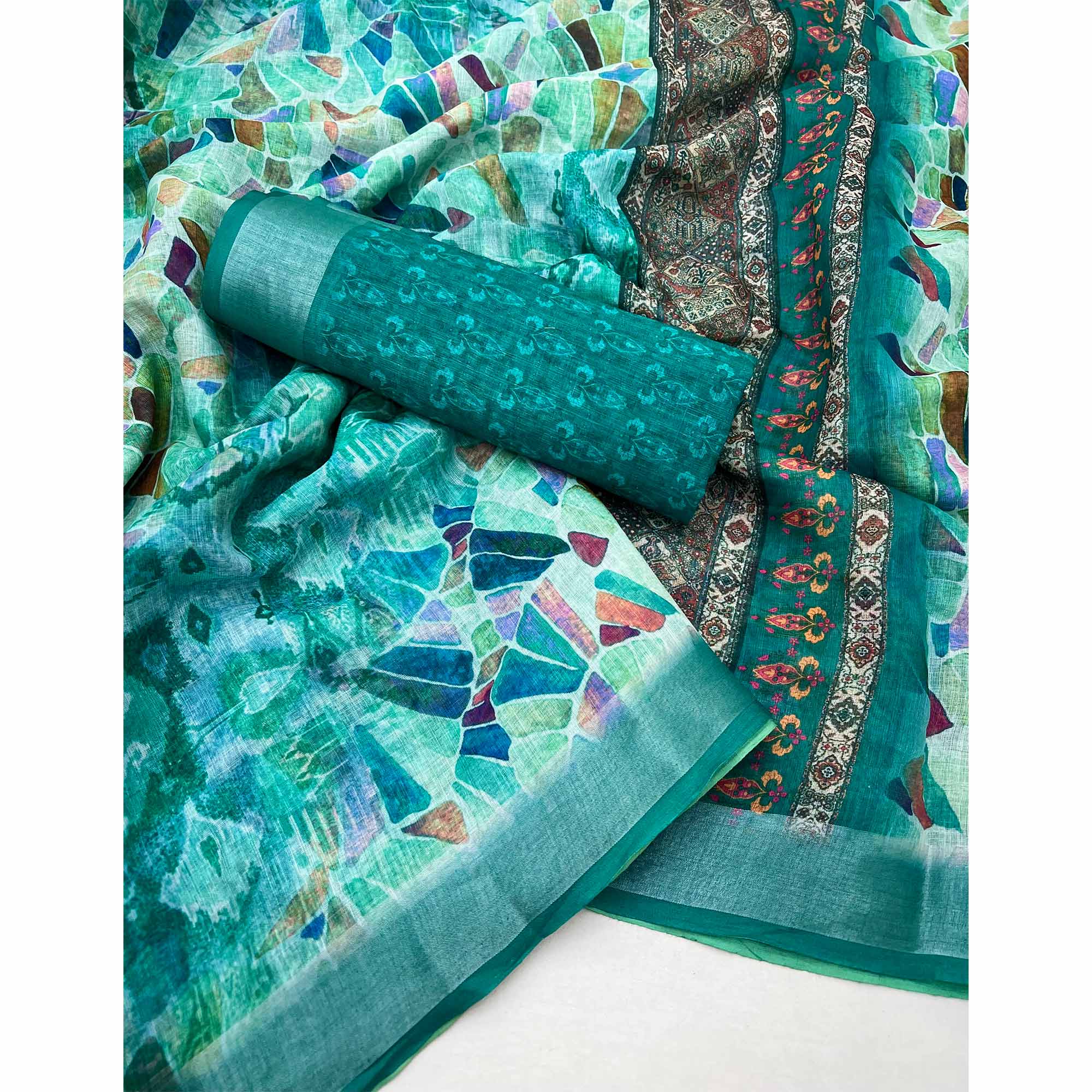 Teal Digital Printed Linen Saree With Woven Border