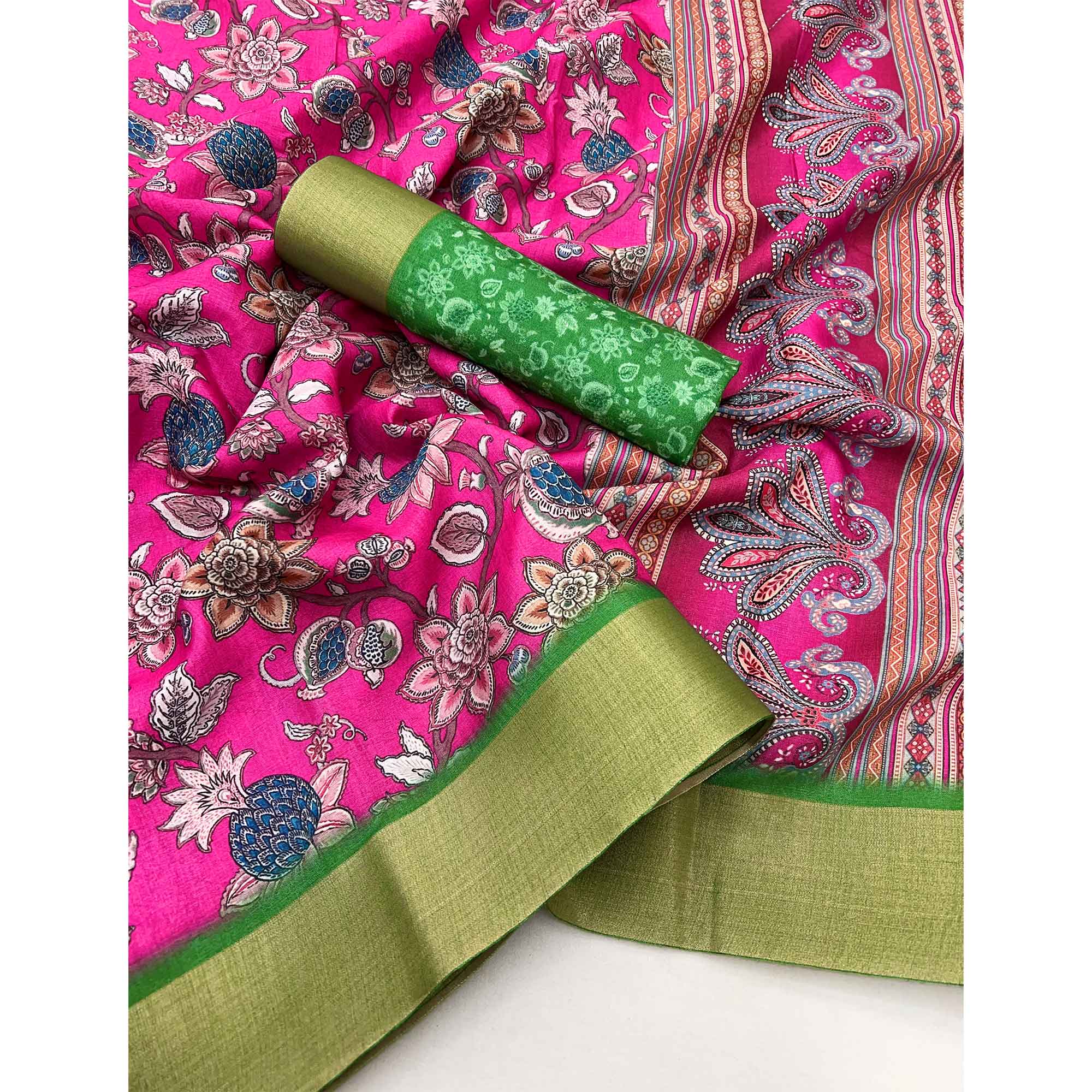 Rani Pink Floral Printed Cotton Silk Saree With Woven Border