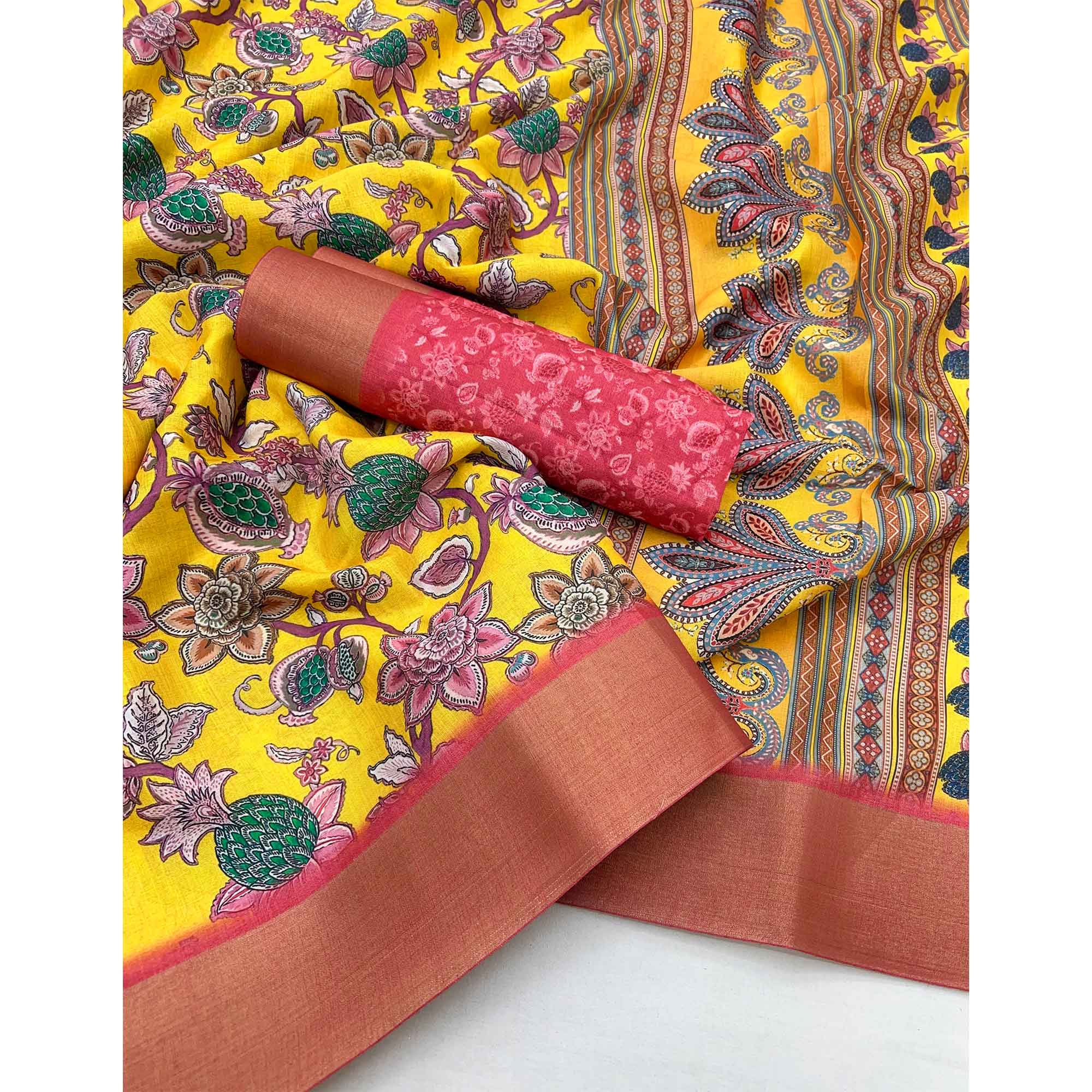 Yellow Floral Printed Cotton Silk Saree With Woven Border