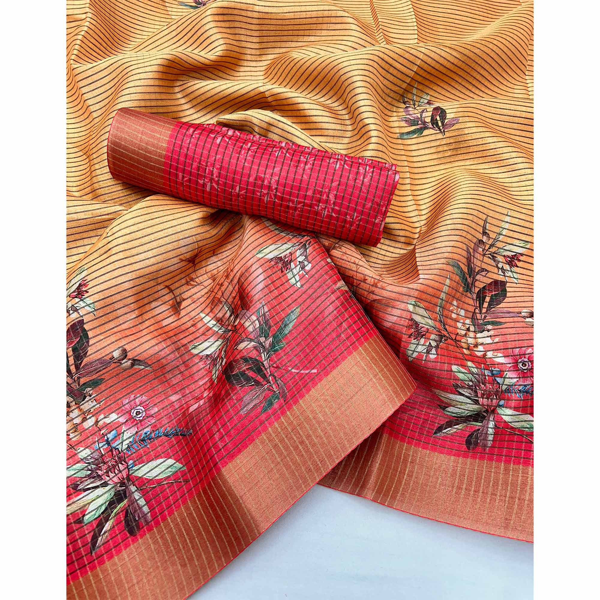 Gold & Red Striped & Floral Printed Cotton Silk Saree With Woven Border